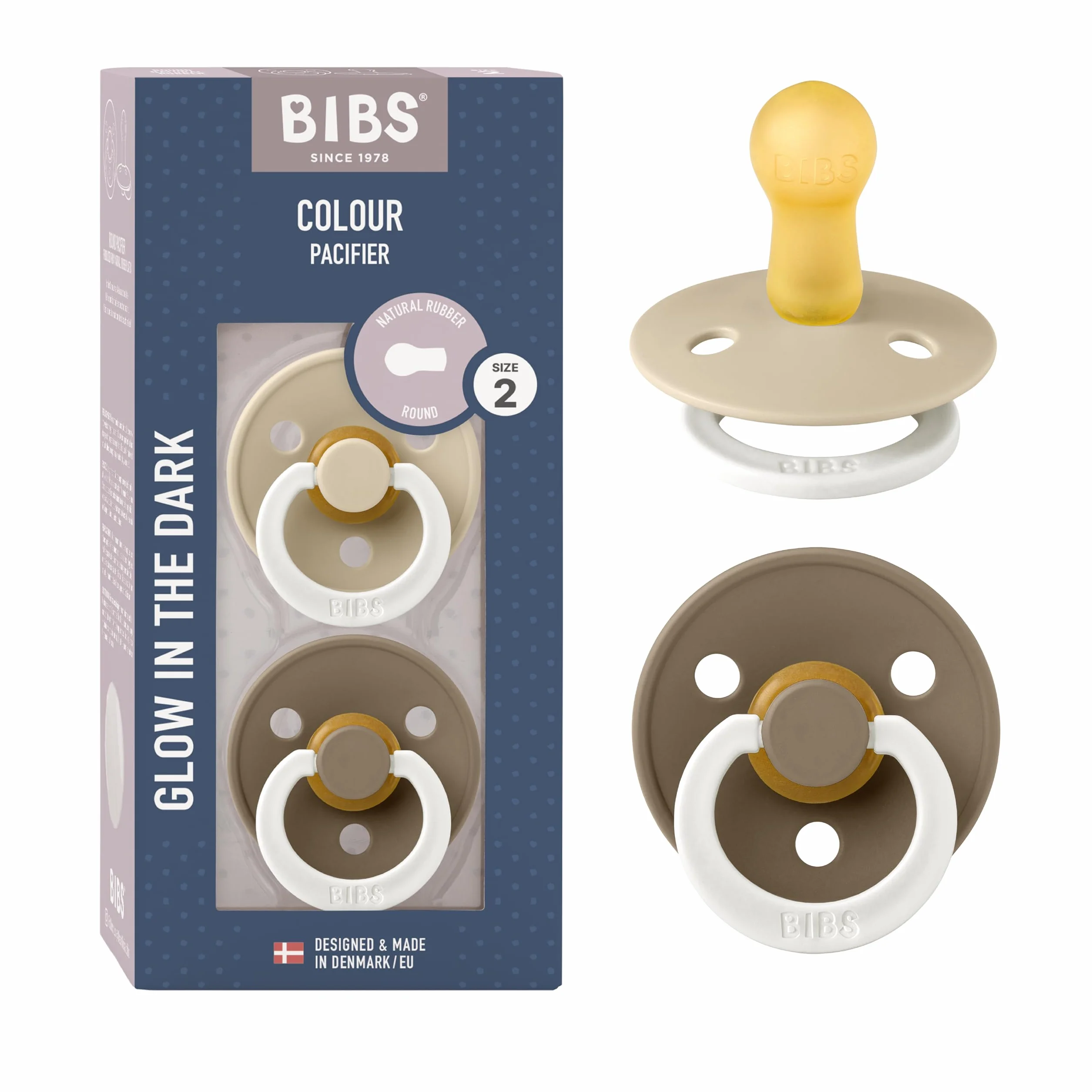 BIBS Colour Glow Tétine Lot de 2 6+ Mois Latex Vanilla Dark Oak NIGHT
