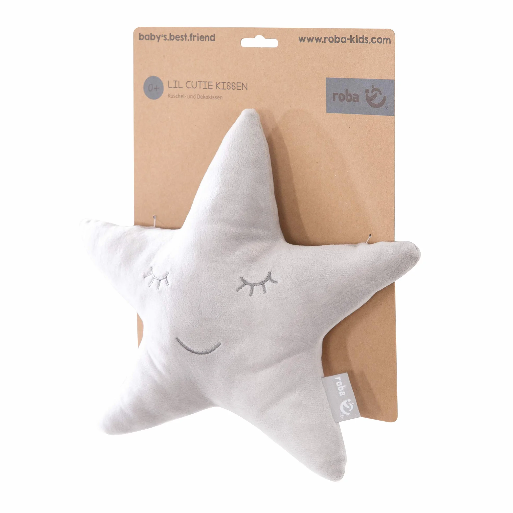 roba Coussin Décoratif Étoile 32 x 28 cm Oreiller Bébé Peluche Visage Souriant Brodé Gris Argenté
