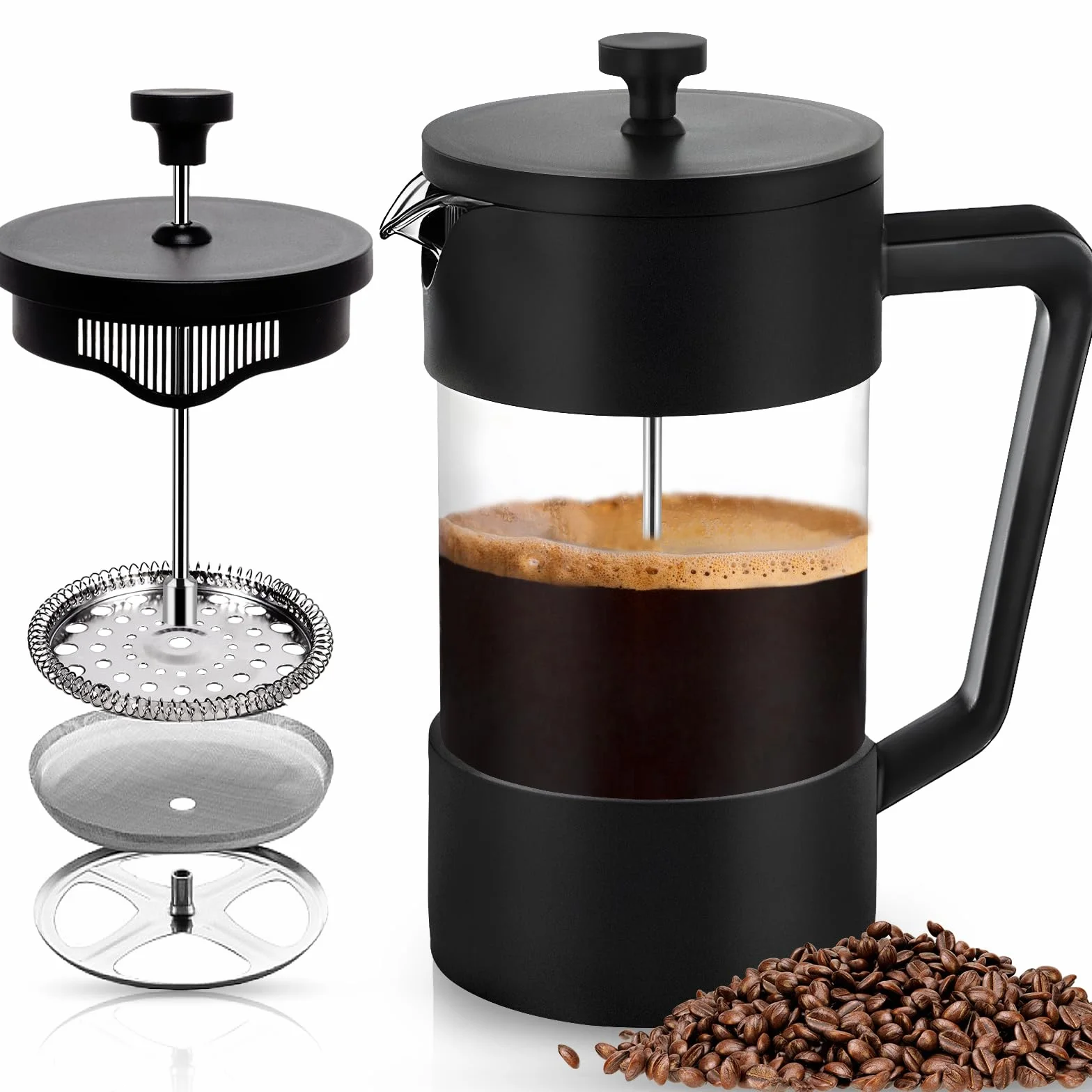 Cafetière à Piston French Press 1000 ml Verre Borosilicate Triple Filtres Acier Inoxydable Noir