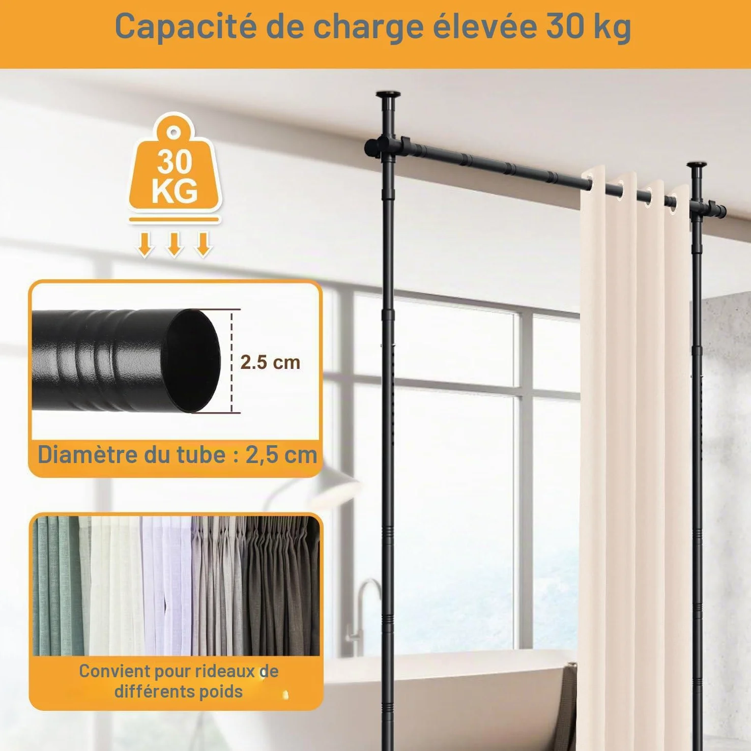 Paravent de séparation de pièce Jaxguom, tringle à rideaux, réglable de manière flexible sans perçage, L 70-177cm x H 122-305cm, paravent autoportant sans rideau, protection des regards pour salon