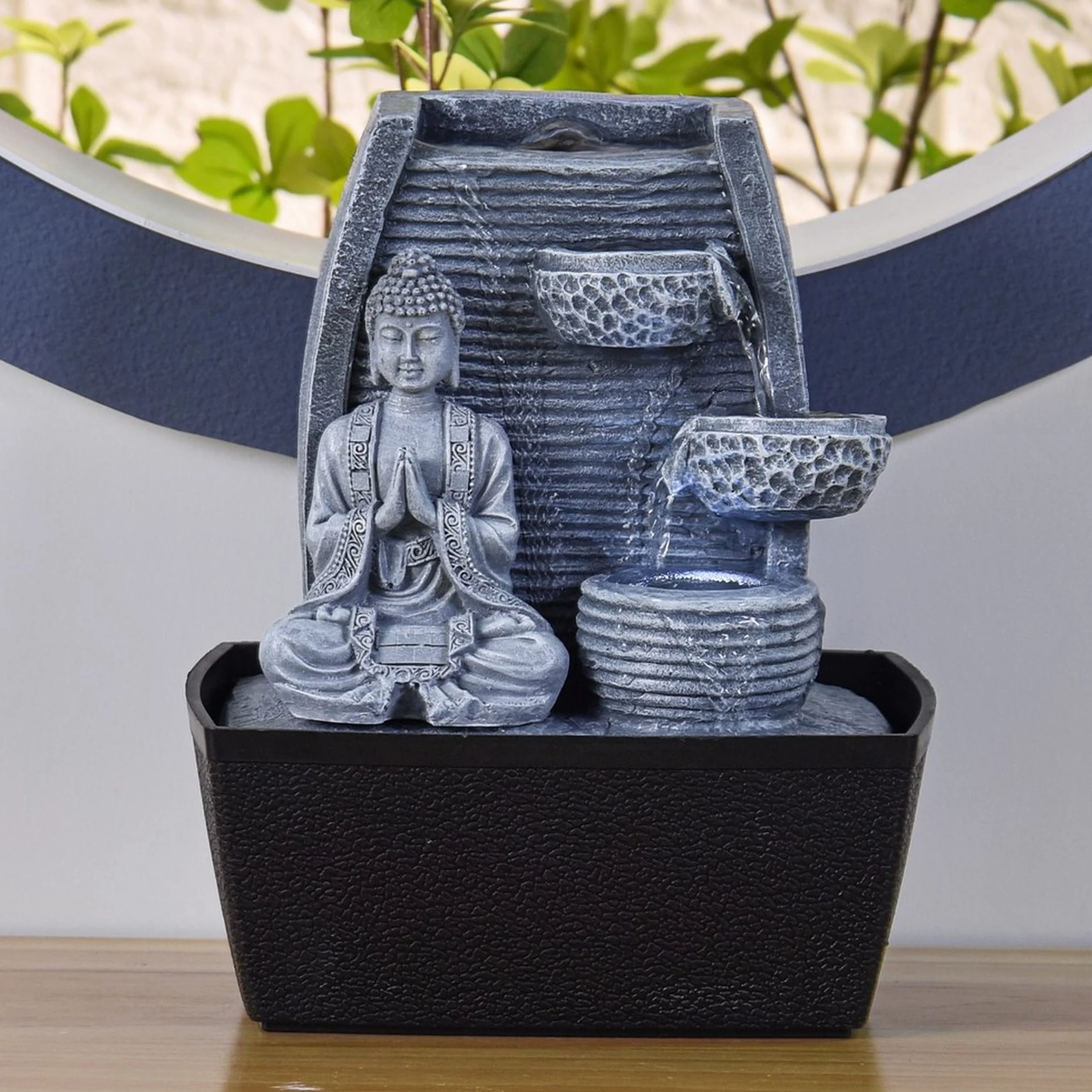 Fontaine d'Intérieur Mur d'Eau Cascade Statue Bouddha Amovible Lumière LED Blanc Circuit fermé H 26cm Décoration Zen Sagesse Zen'Light