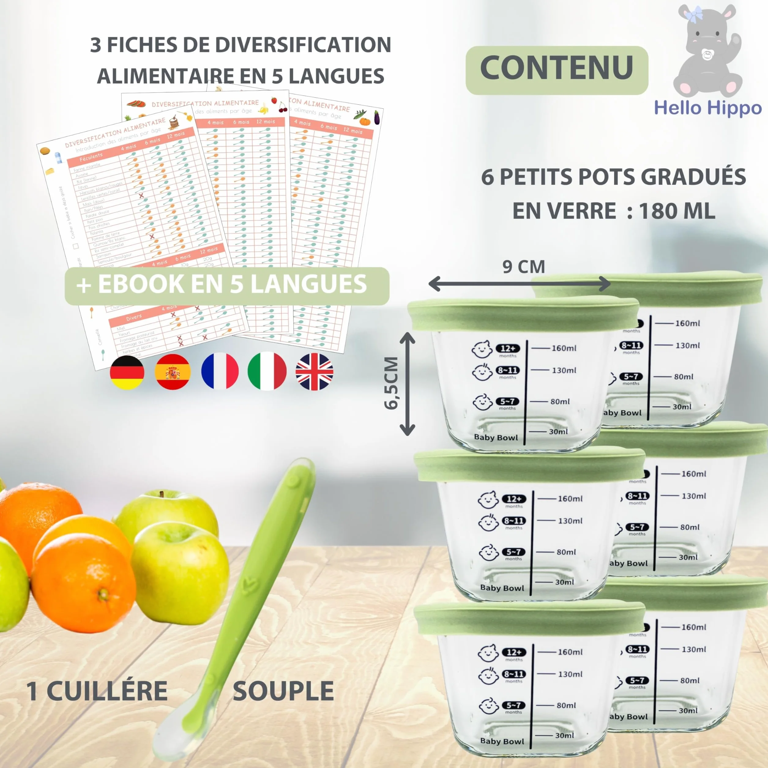 HELLO HIPPO® Lots de 6 Petit Pots en verre Bébé 160ml - Idéaux pour Compotes, Purées et Fruits, Hermétiques et Pratiques avec Graduation, Cuillère Incluse