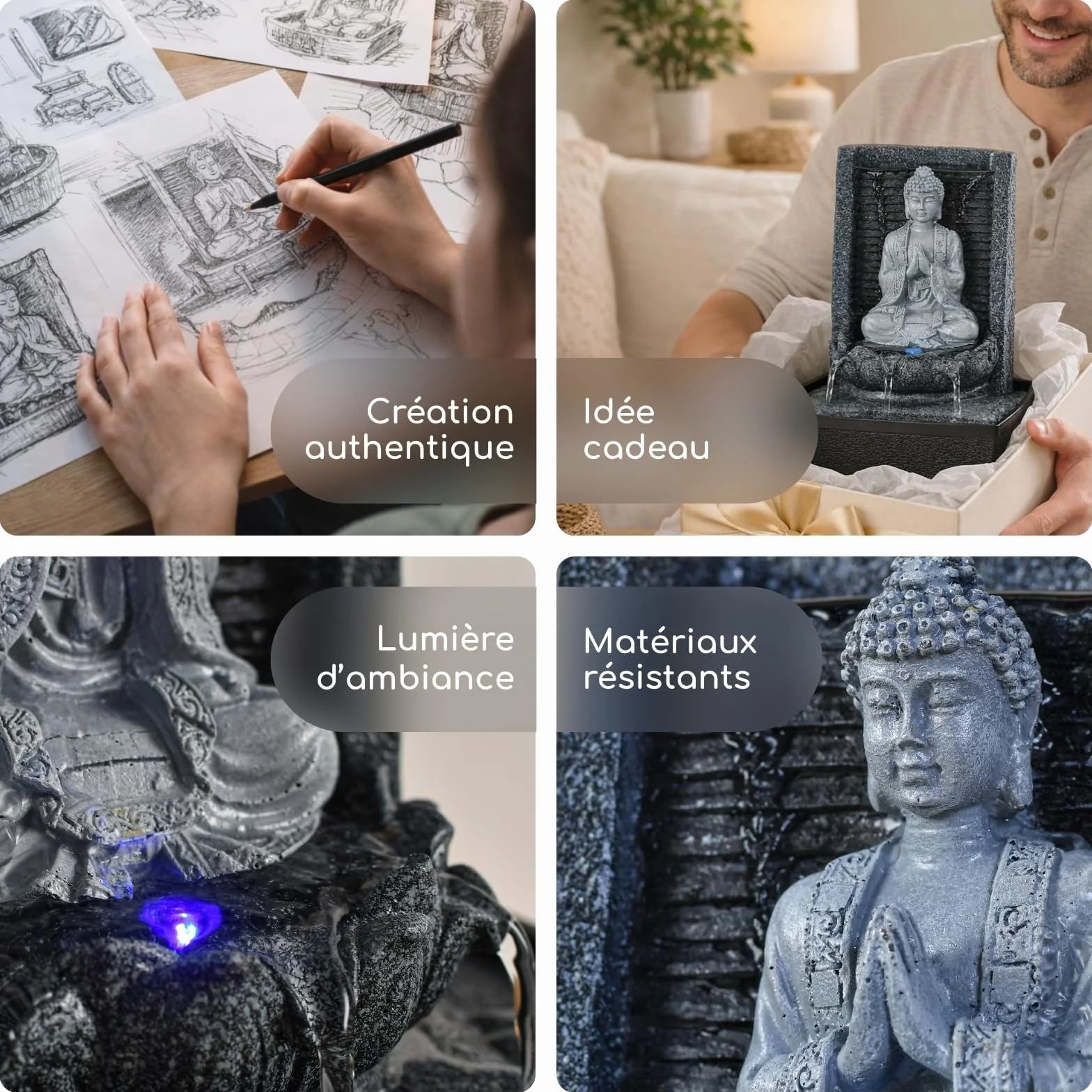 Fontaine d'Intérieur Bouddha Mur d'Eau Cascade Lotus Lumière LED Blanc Déco Zen Salon Chambre Feng Shui H 26cm