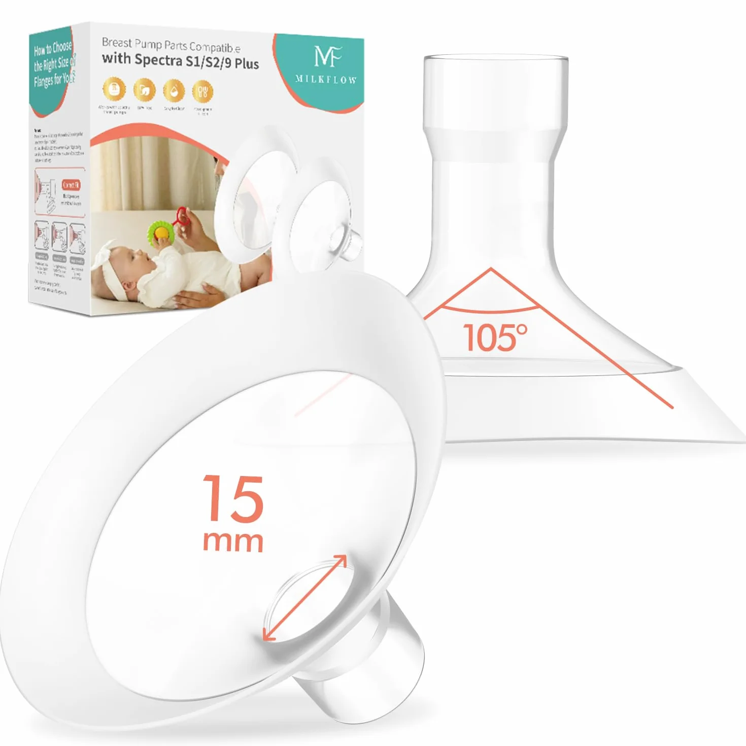 Couvre-tétons Medela 15 mm matériau souple bord Softflex angle large 105° pour tire-lait Pump in Style Symphony Freestyle Sonata Maxflow Signature Pro
