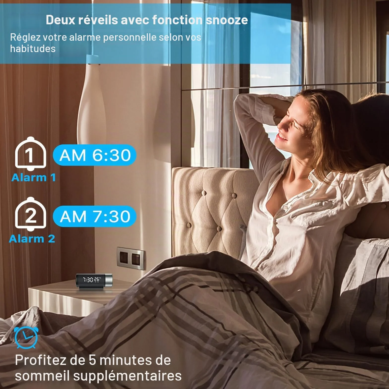 Réveil Projecteur Plafond avec Horloge Digitale 180°, Température, Snooze, Mode Nuit, Affichage 12H/24H