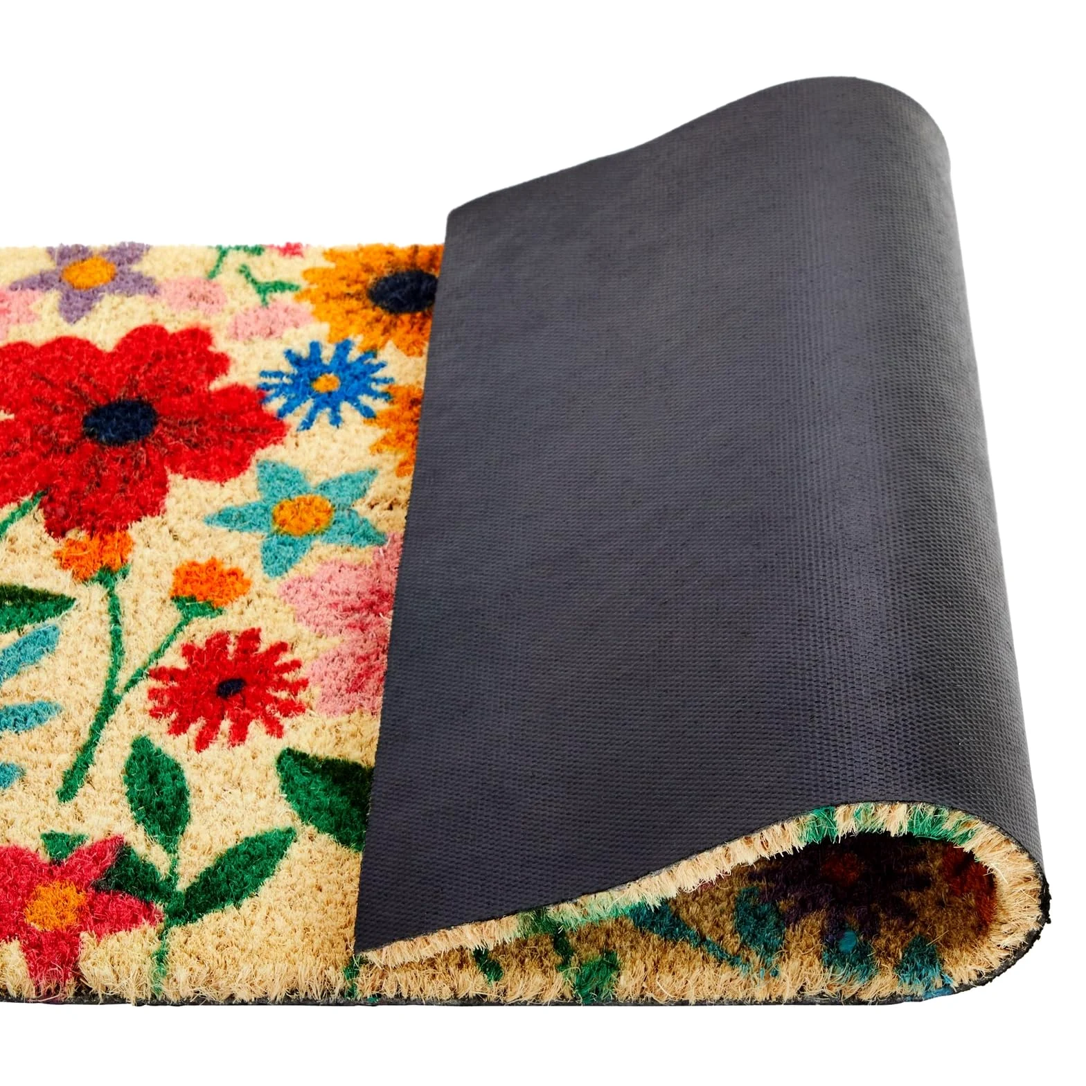 Juvale Paillasson en fibre de coco naturelle avec fleurs printanières, 43,2 x 76,2 cm pour porte d'entrée, tapis demi-rond de fleurs sauvages d'extérieur pour décoration d'intérieur