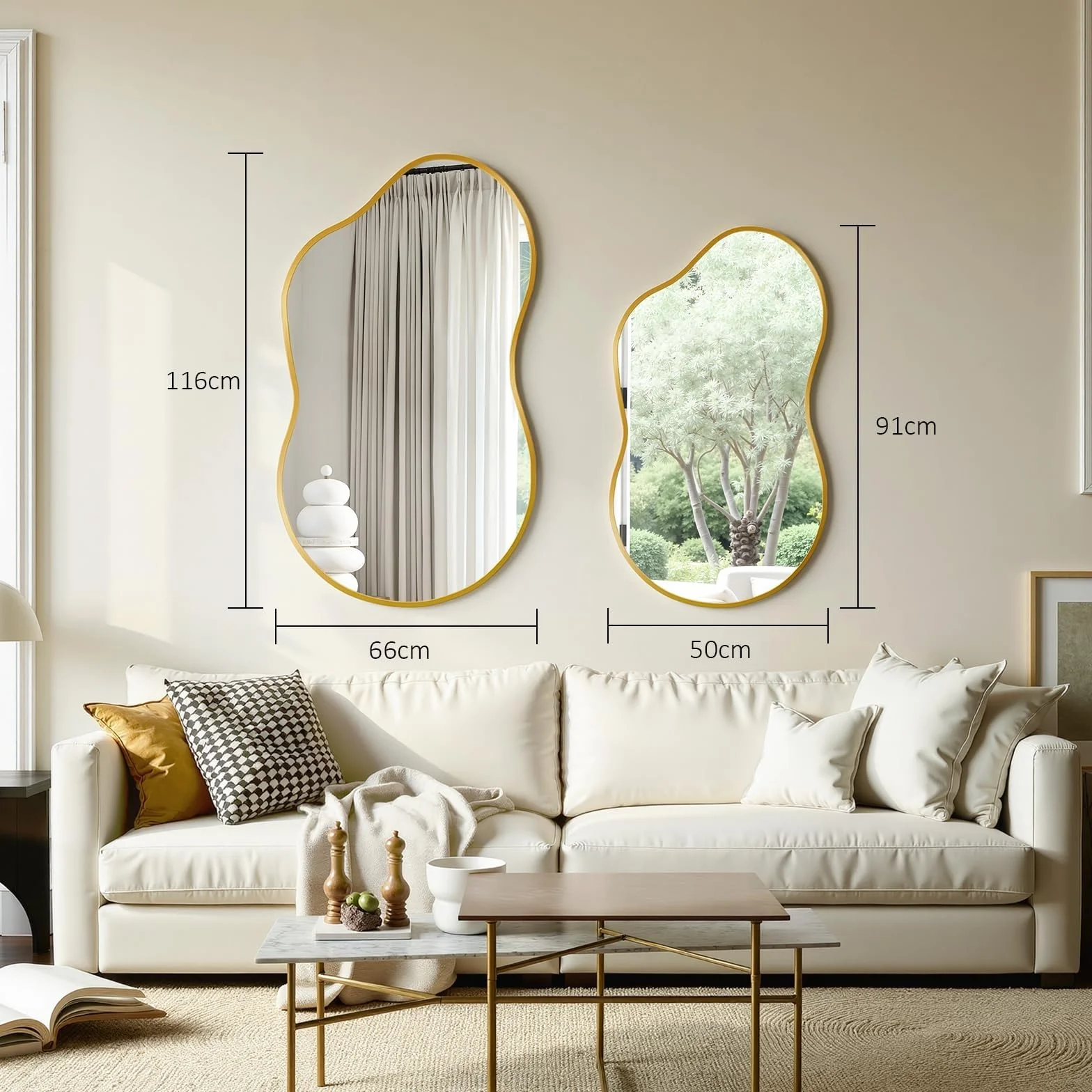 Miroir asymétrique 50x91 cm verre trempé cadre aluminium doré MAMIZO