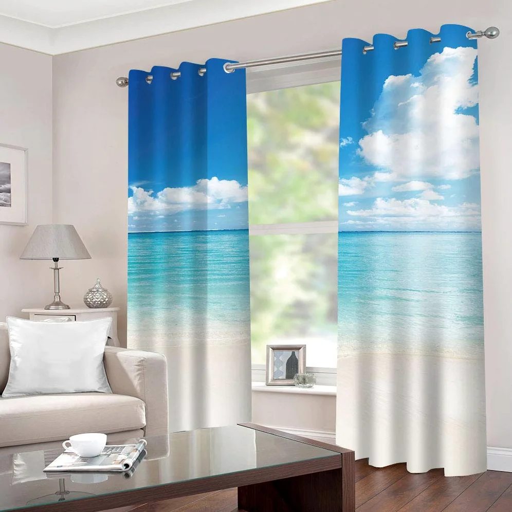 Rideaux Et Draperies Intérieurs 3D Ciel Bleu Nuage Blanc Vue Mer Motif Rideau Occultant À Oeillets Decoration Salon Chambre Maison pour Enfant Adulte 2 Pièces 280x160Cm Design Moderne Imprimé