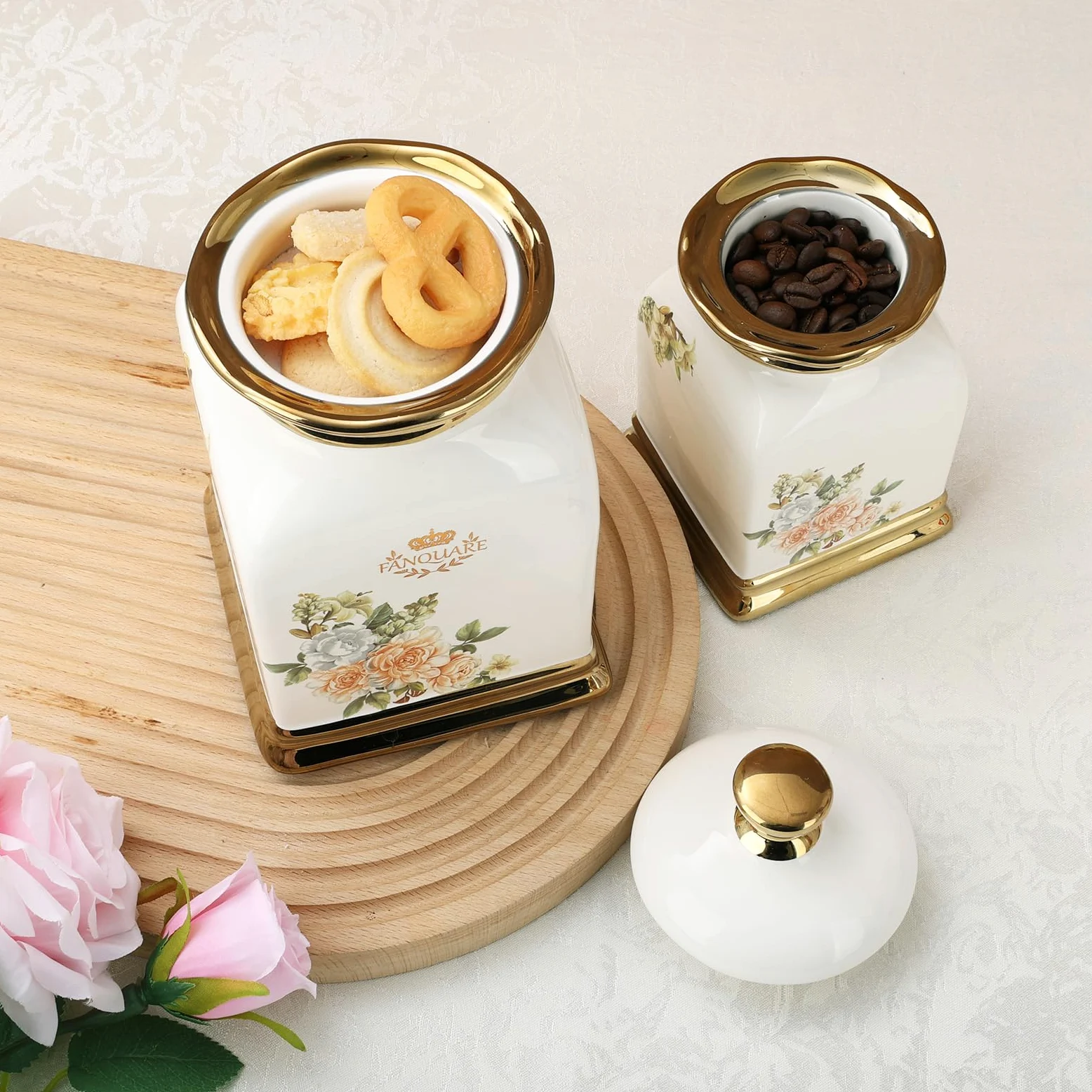 fanquare 3 Bocaux Vintage à Fleurs avec Couvercle, Tasses en Céramique pour le Thé, le Café, le Sucre, Pots Hermétiques pour Conserver les Aliments à la Maison, dans la Cuisine, Comme Cadeaux