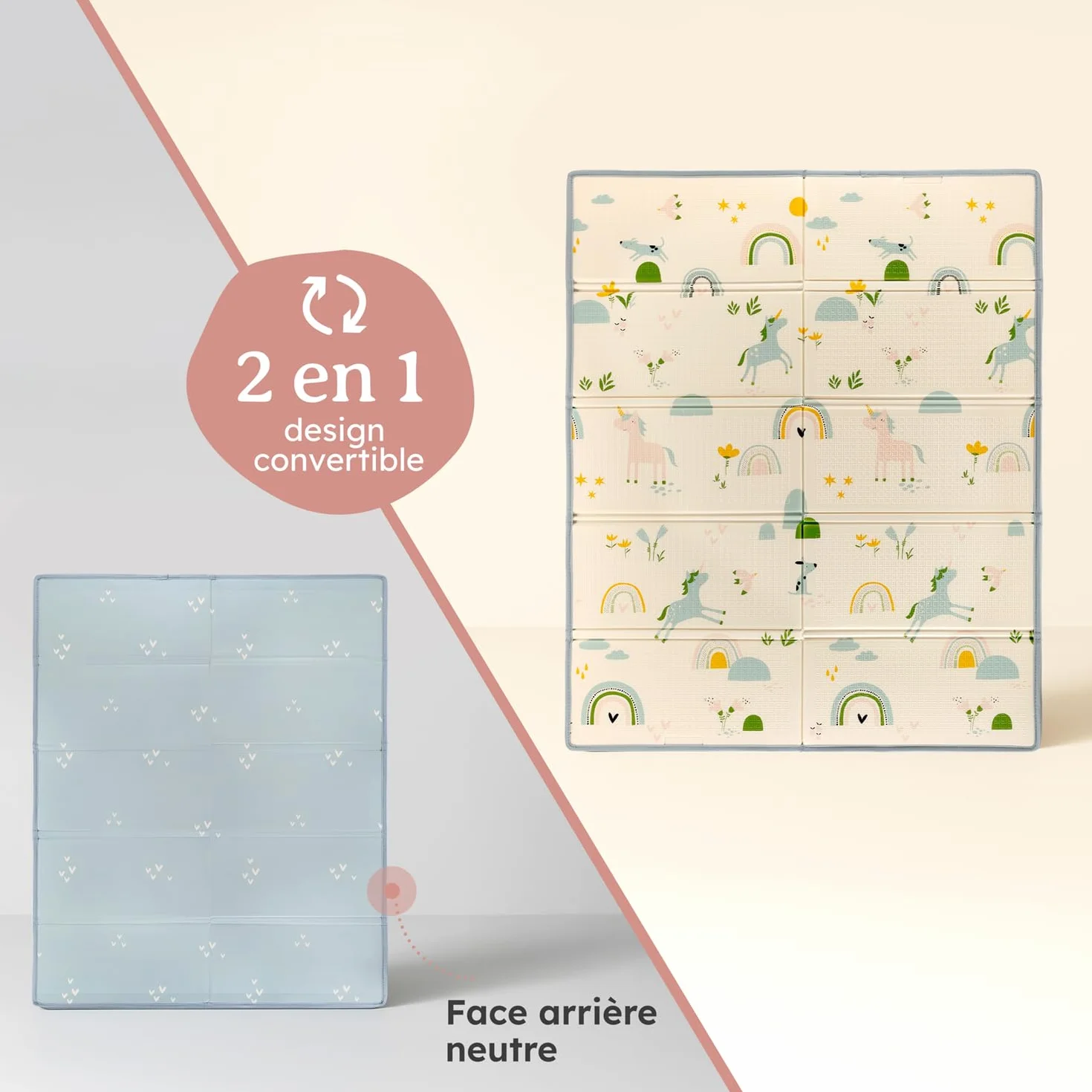 Tapis d’éveil bébé imperméable 120 x 150 x 1 cm pliable réversible antidérapant arc-en-ciel