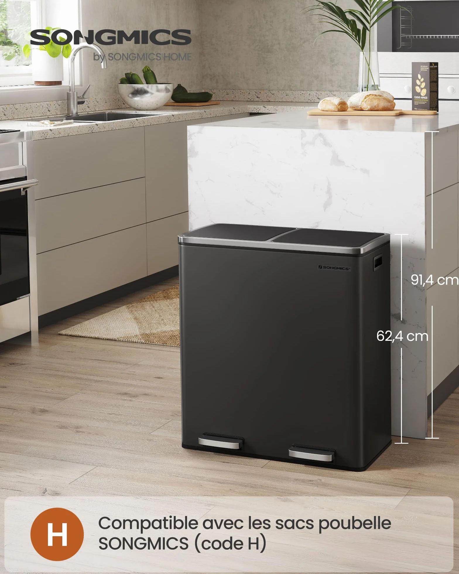 SONGMICS Poubelle Cuisine Tri Sélectif 2 x 30L, Seaux Plastique avec Pédales Métal, Noir LTB60BK