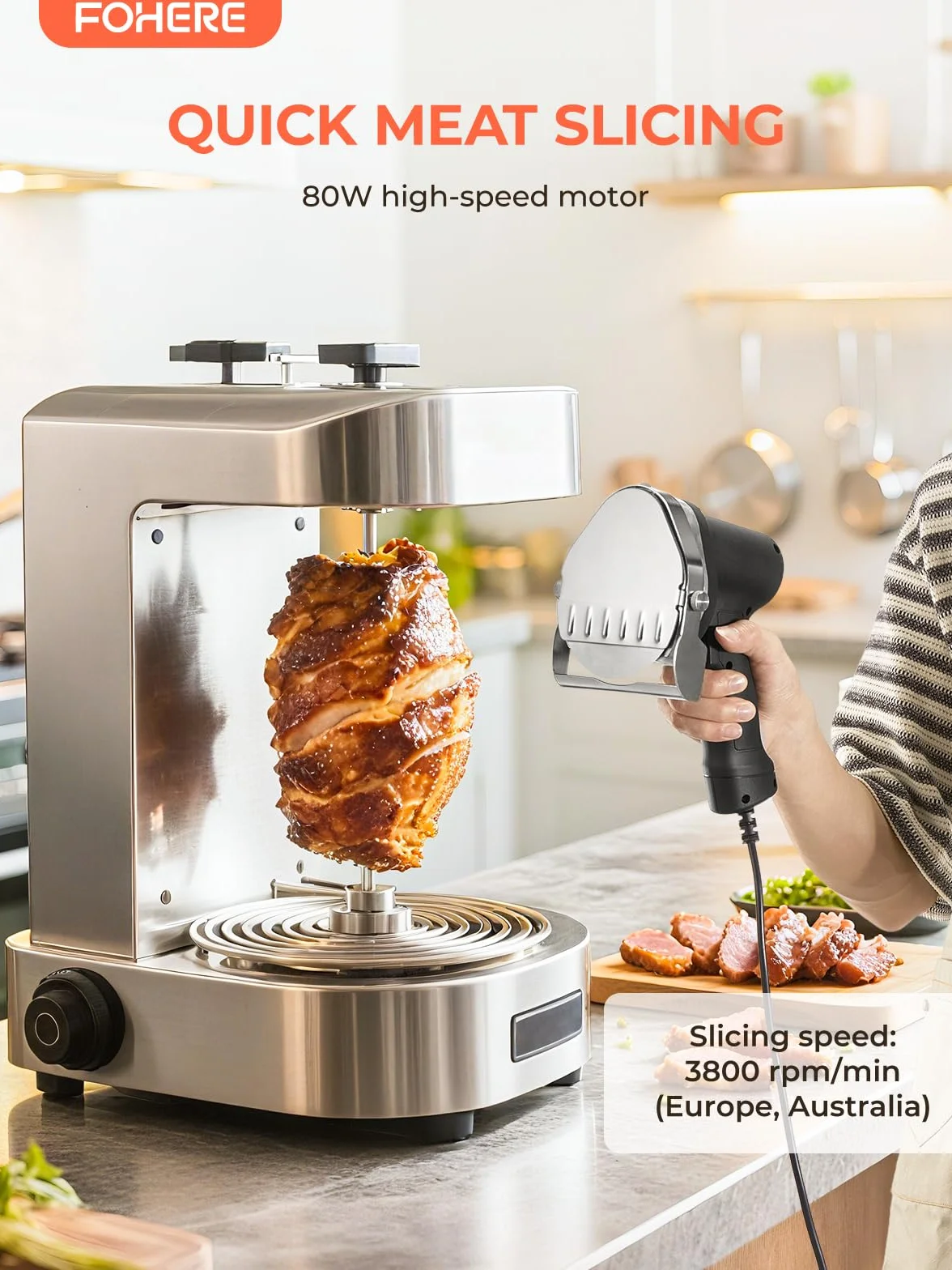 FOHERE Couteau à Kebab Électrique, Trancheuse à Viande Turc, 3800 RPM, 0-8mm, Lames D100 mm
