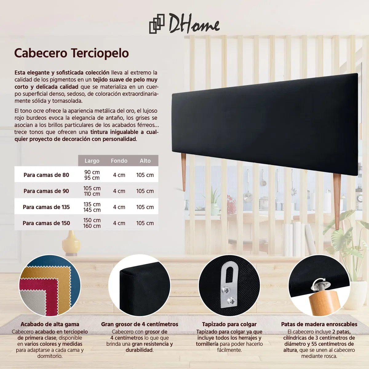 DHOME Tête de Lit en Velours Lisse avec Pieds Haut de Gamme Moderne Tête de Lit Rembourrée Lit Luxe Chambre Capitonnée (Noir, 160cm)