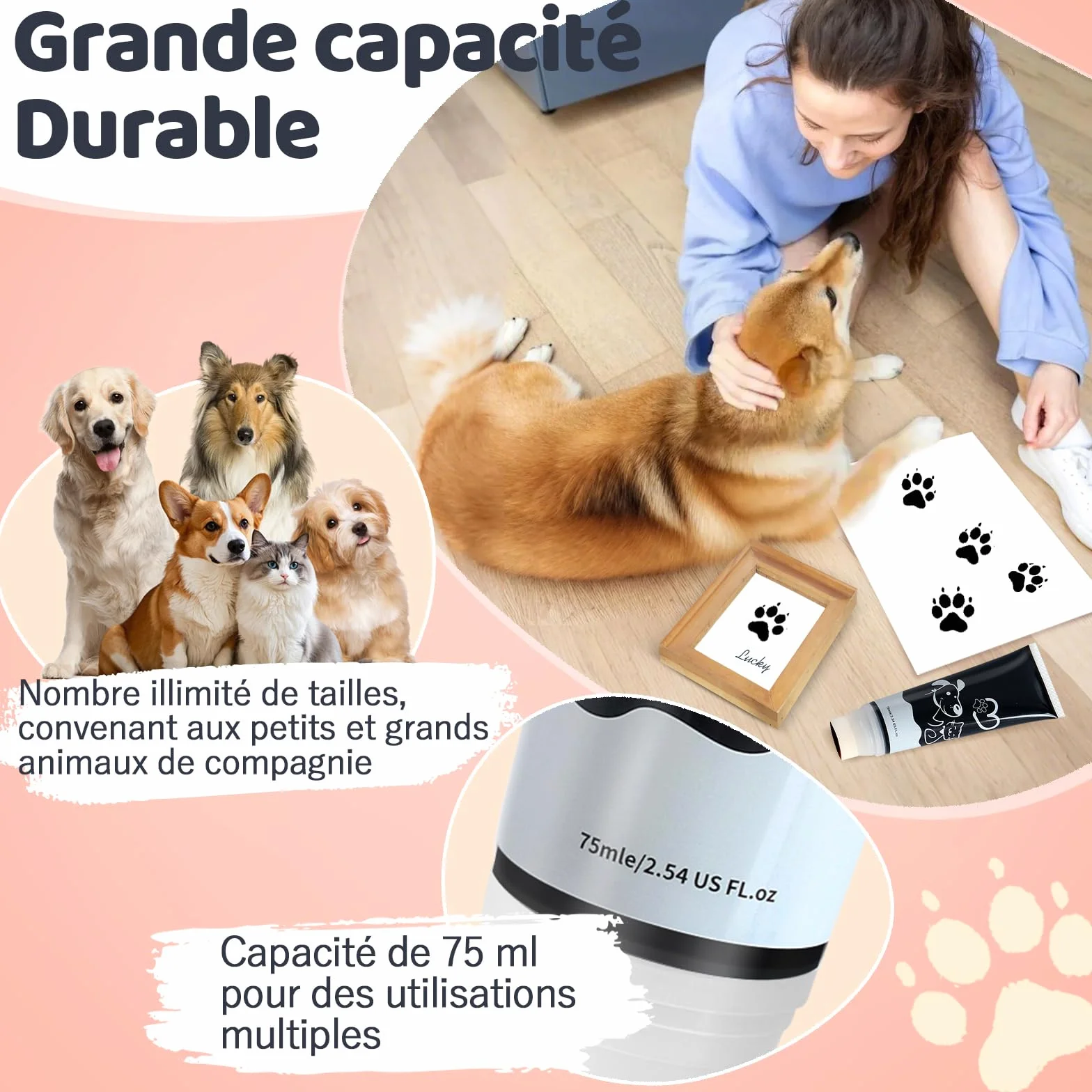 Nabance Kit Empreinte Chien Chat Bebe Tête Éponge Noir 75ml Non Toxique Lavable