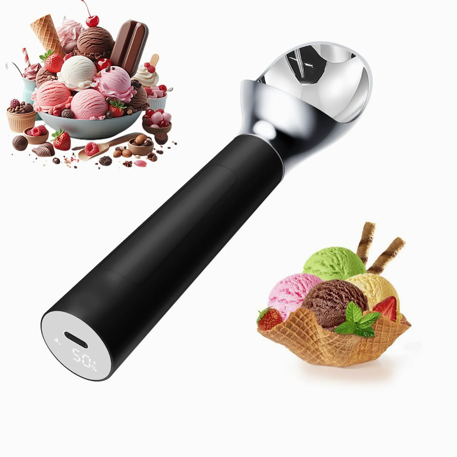 Cuillère à glace chauffante, cuillère électrique avec écran LED, chauffage portable jusqu'à 70 °C, étanche IP67, rechargeable par USB pour un usage domestique et professionnel