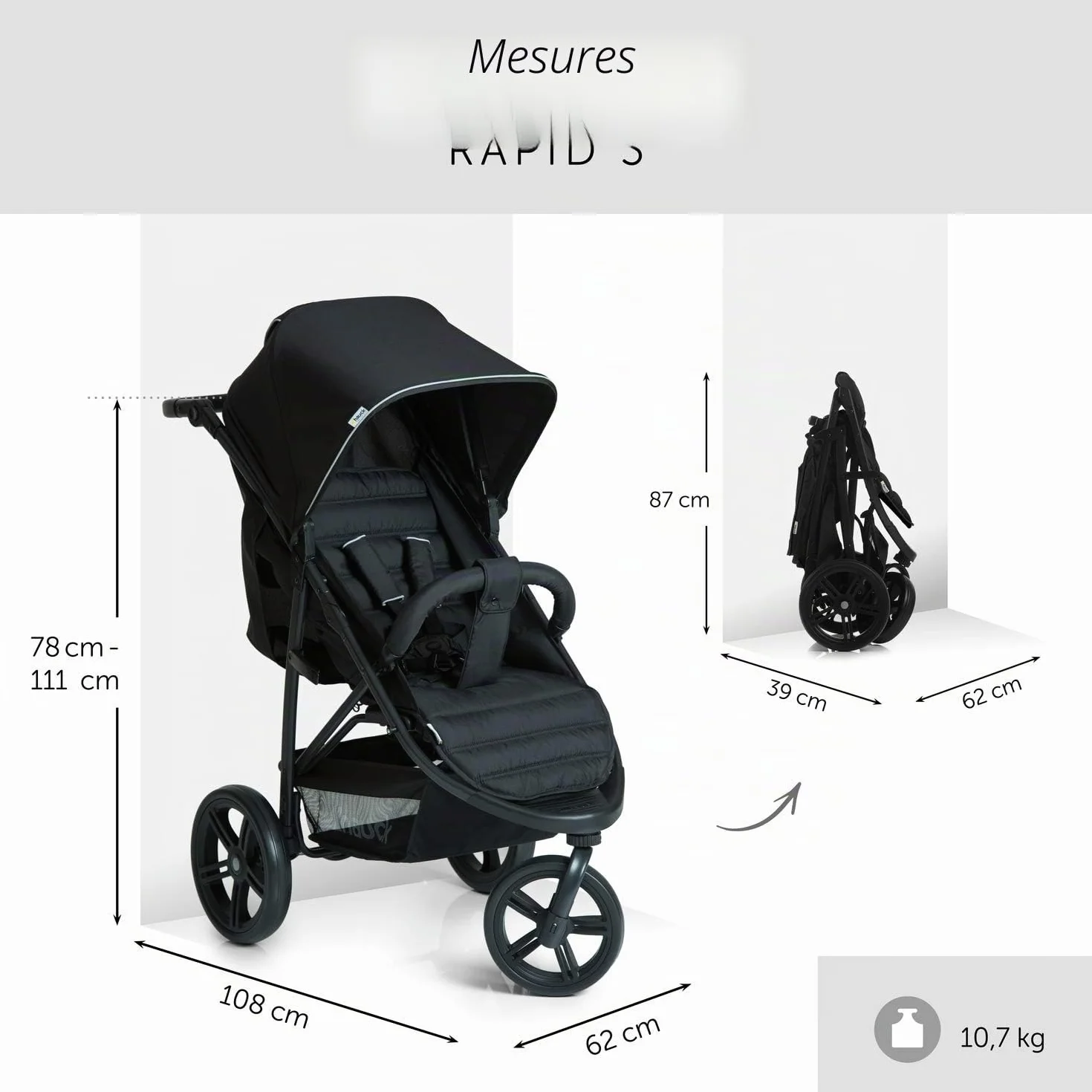 hauck Poussette Citadine Rapid 3 Noir, Jusqu'à 25 kg, Pliable compacte