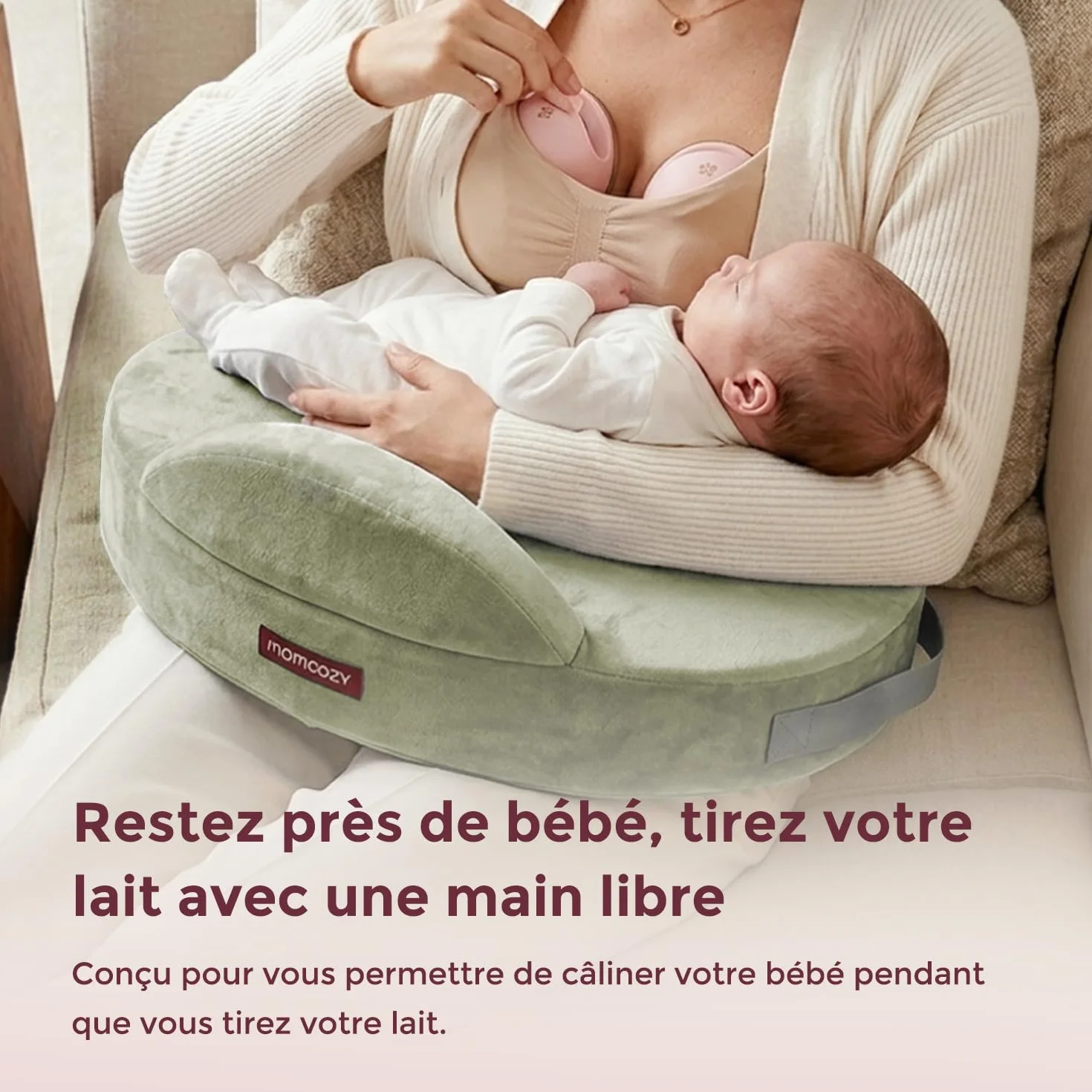 Momcozy Coussin Allaitement Mémoire de Forme Ergonomique, Soutien Large Sangle Réglable, Housse Coton Amovible Vert