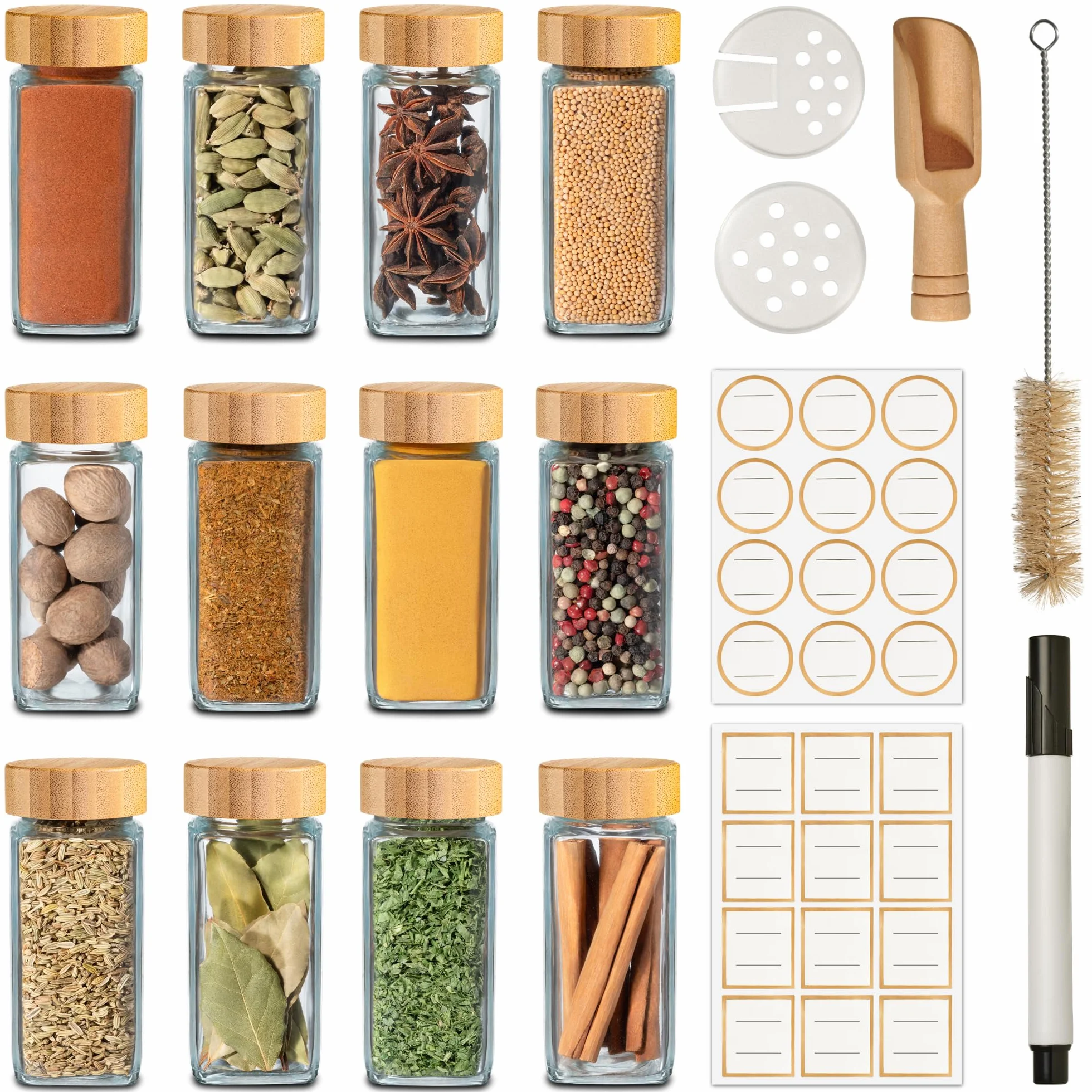Pot à Épices avec Étiquettes Réutilisables - Lot de 12 x 120ml - Hermétiques - Inclus Brosse de Nettoyage & Cuillère en Bois