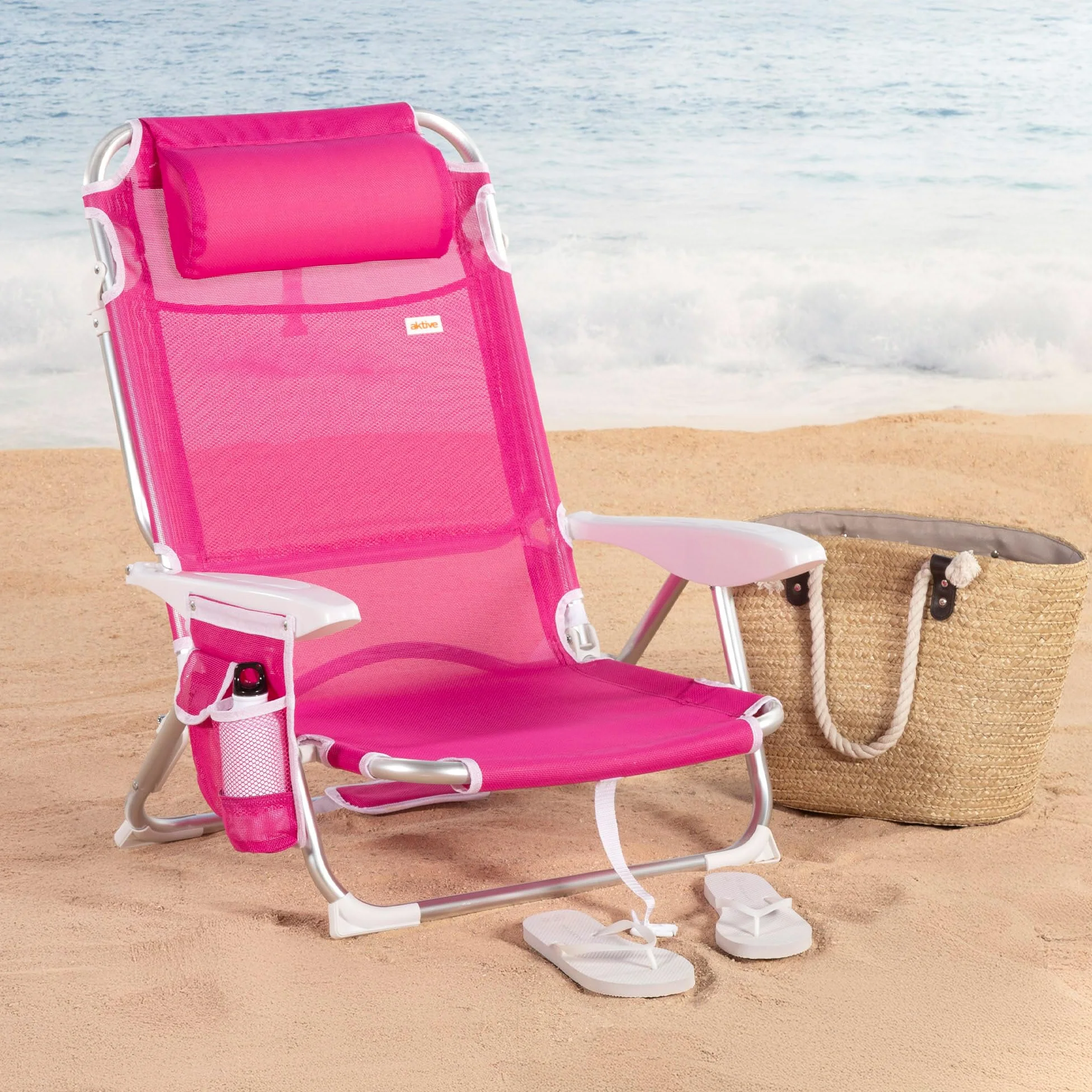 AKTIVE Chaise de Plage Pliable, Fuchsia, textilène et Aluminium, 51 x 45 x 76 cm, 4 Positions, Dossier Haut, 110 kg