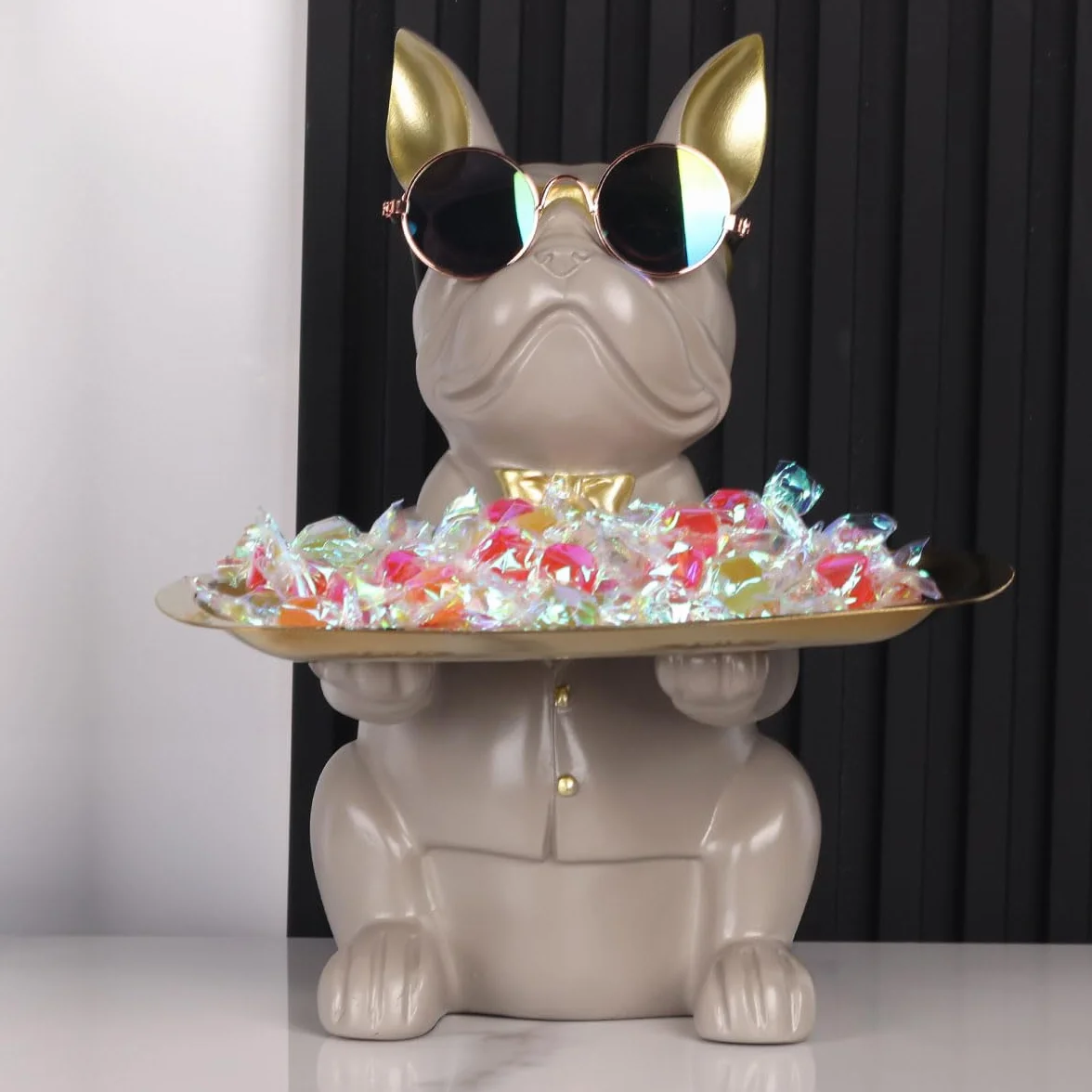 Statue Bouledogue Plateau de Rangement Tirelire en Résine Gris