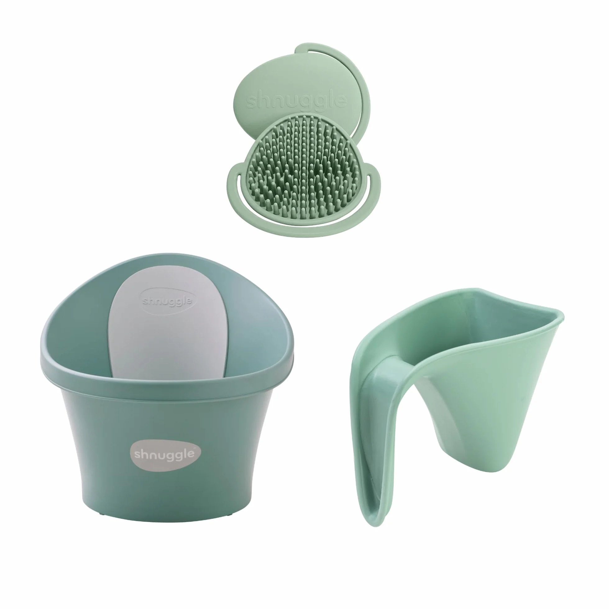 Shnuggle Ensemble de démarrage de bain pour nouveau-né bain de bébé pot de rinçage brosse de bain Eucalyptus