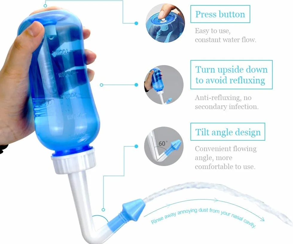Neti Pot Flacon de rinçage nasal 300 ml Irrigation nasale Sans BPA Bleu