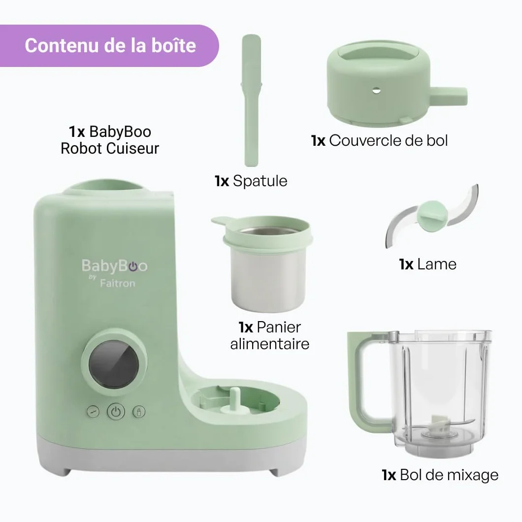 BabyBoo Robot Pappa 7-en-1 Cuisson vapeur mixage 20 min 300 W chauffe-biberon stérilisateur verre Tritan acier inoxydable écran digital