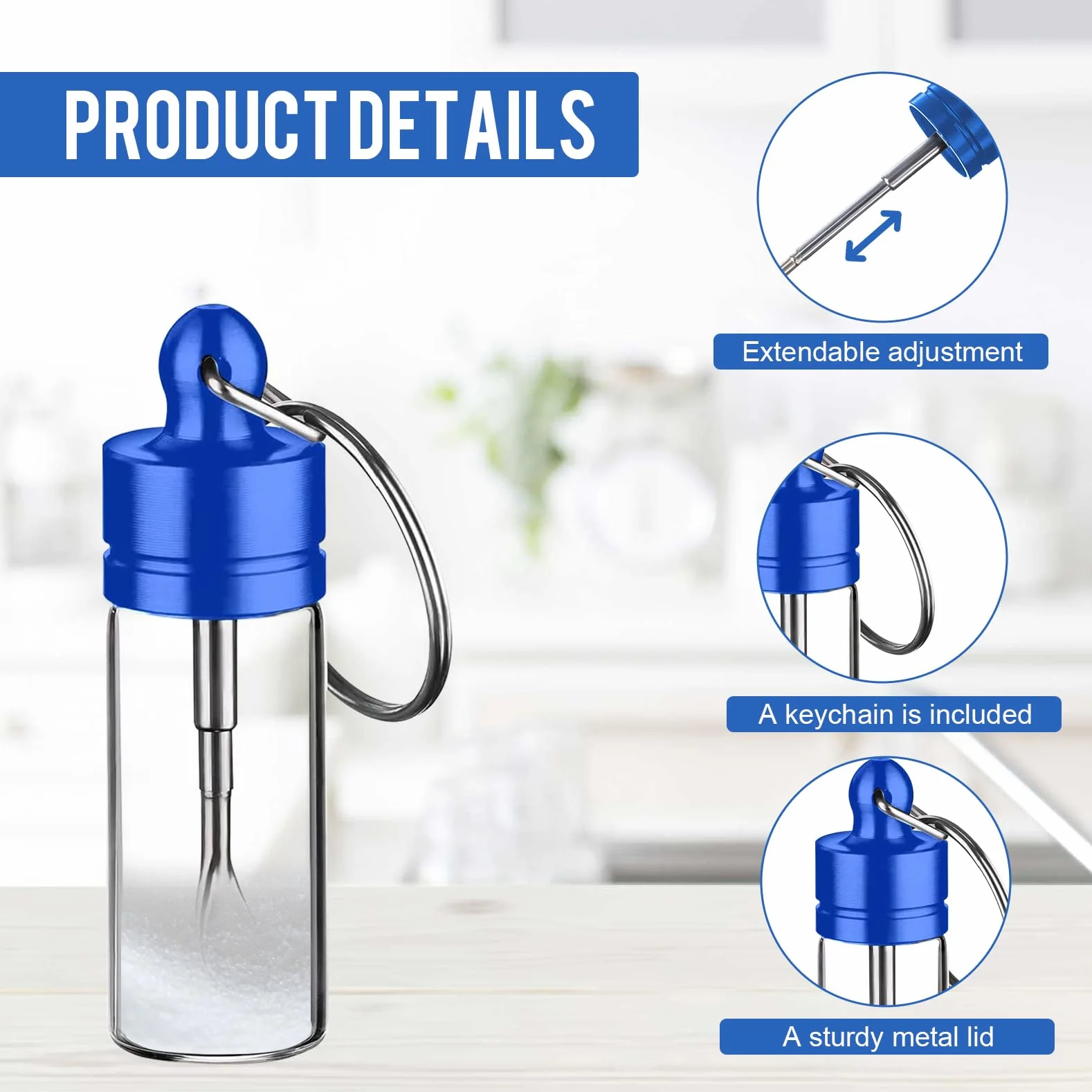 Mini Bouteille Verre Lot de 3 6cm avec Anneau pour Épices, Sucre, Rouge Or Bleu