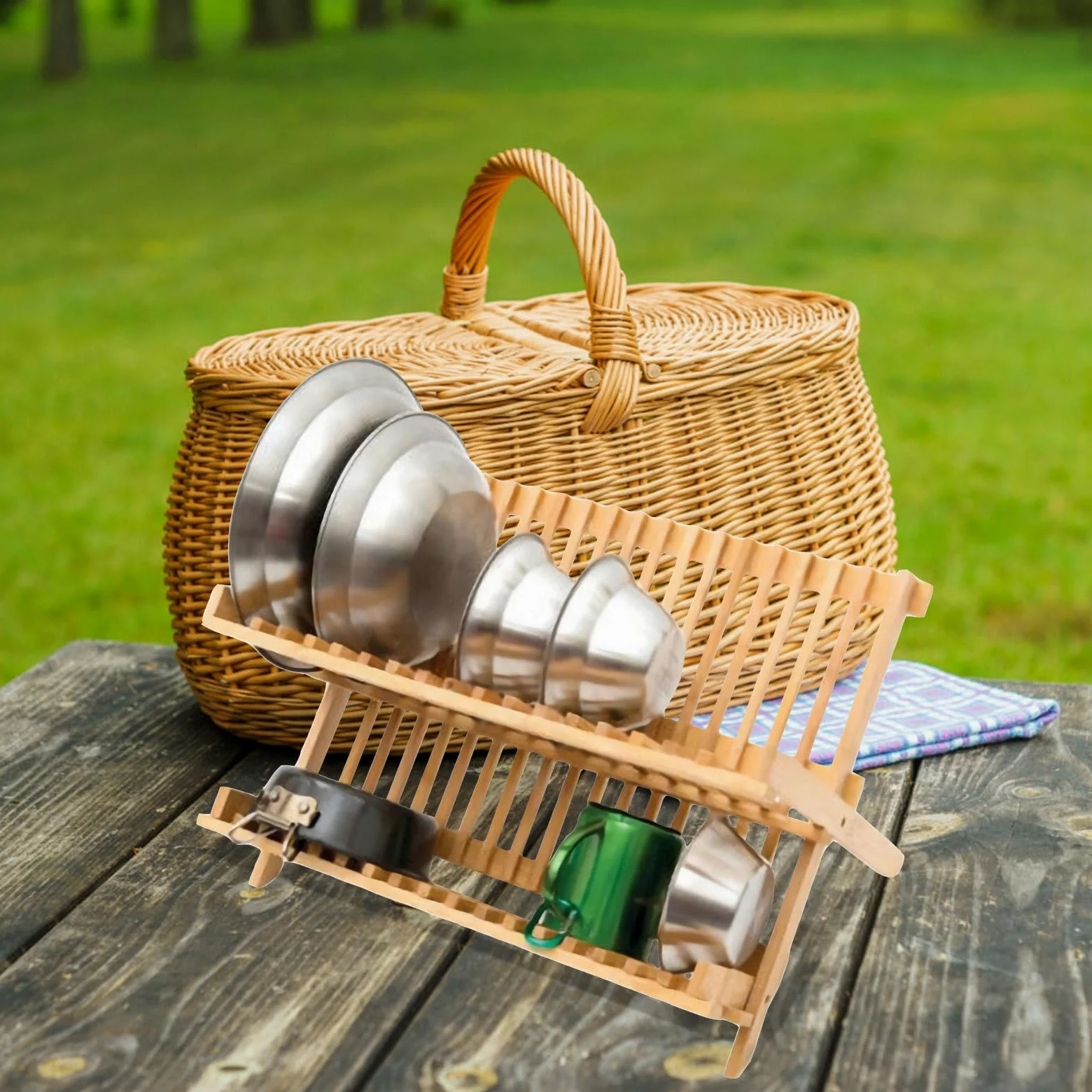 Angoily Étagère de Rangement Pliable en Bois Massif Étagère Pratique Égouttoir Vaisselle Compact Support Pliant Robuste pour Camping et Extérieur pour Assiettes et Ustensiles