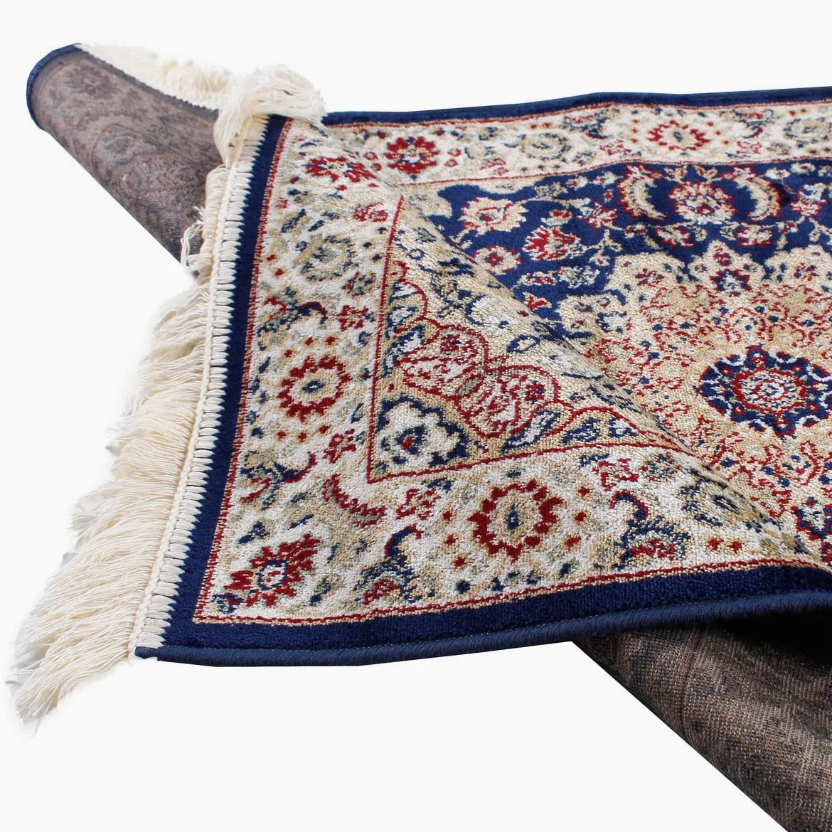 Tapis oriental perse classique SaRani avec frange dorée décor bleu bordeaux vert (140 x 200 cm, Bleu)