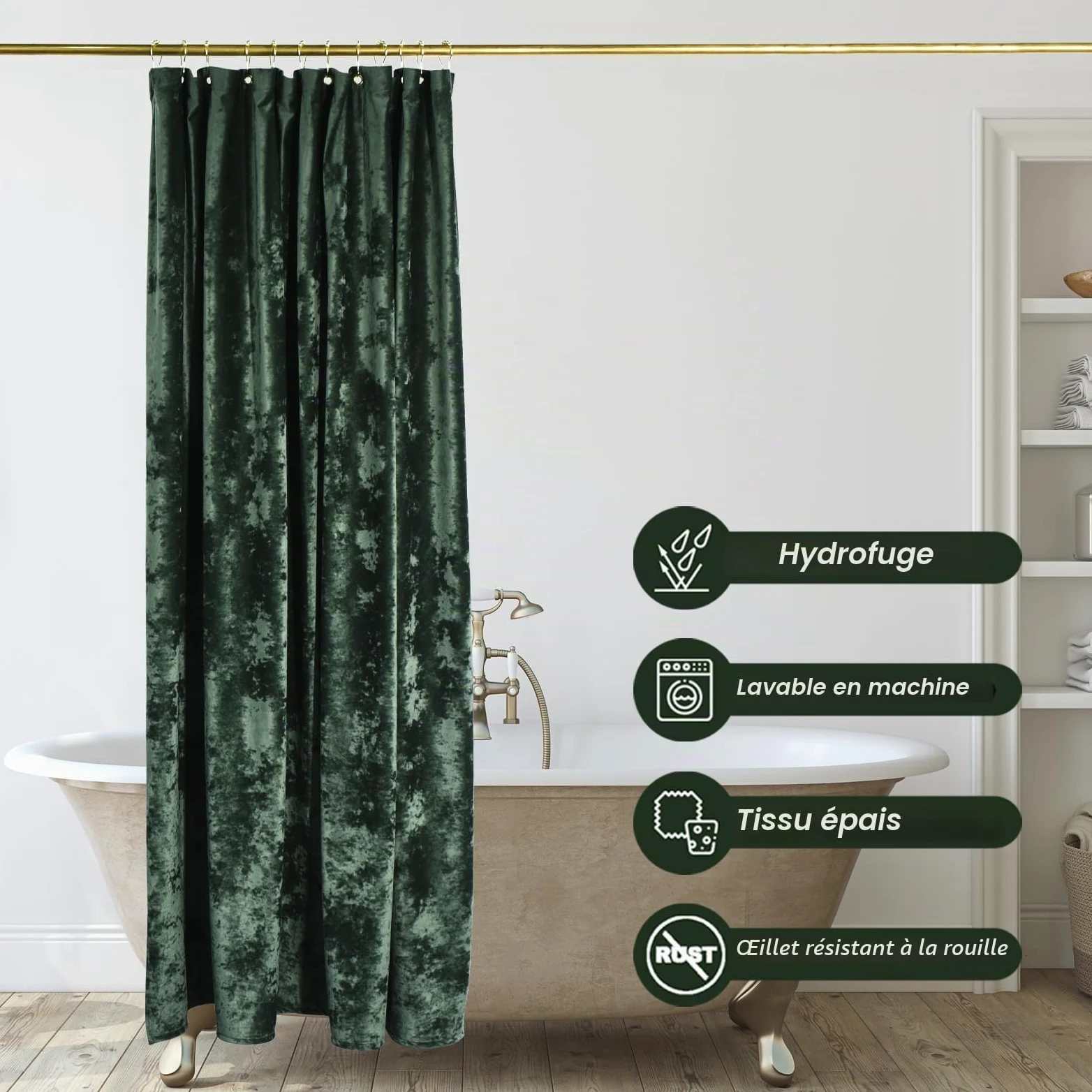 TAMGHO Rideau de Douche en Velours écrasé de Luxe avec 12 Crochets dorés – Rideau de Douche en Tissu épais imperméable pour Salle de Bain – Vert foncé – 183 x 183 cm