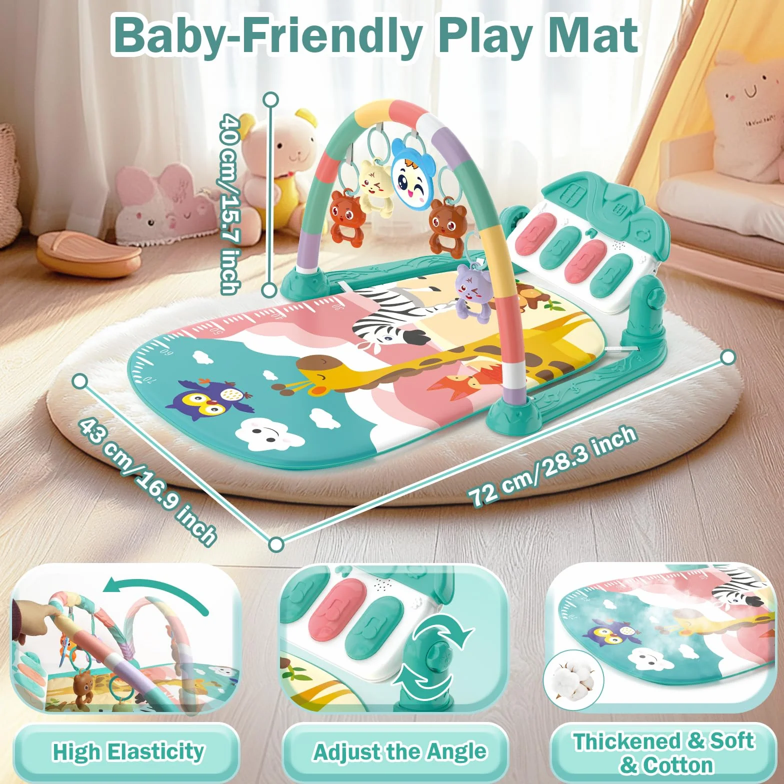 Tapis d'éveil Bébé 0-6 Mois avec Hochets et Musique de Piano, Tapis Sensoriel Motricité Vert