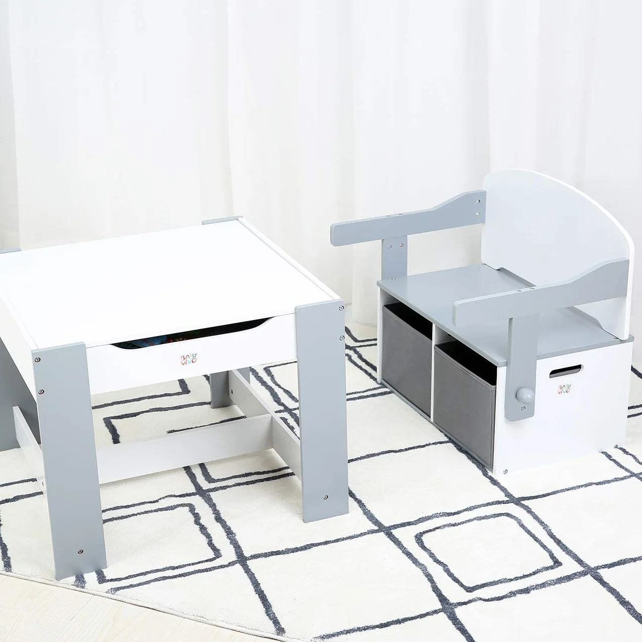 Baby Vivo Multifonctionnel 3en1 Table et Banc en Bois pour Enfants avec Coffre à Jouets - Felix Gris
