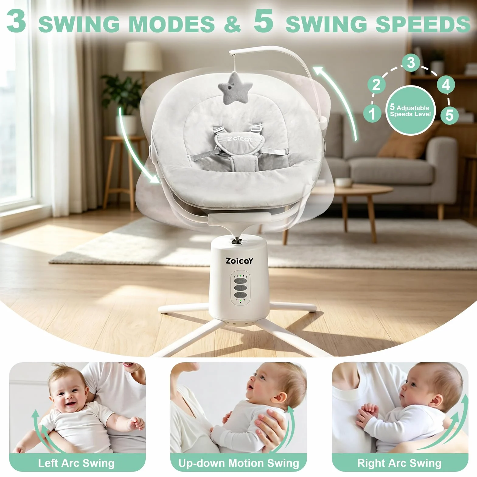 Transat Bébé Électrique Zoicay Balancelle 3 Modes Inclinaison Réglable Bluetooth Télécommande Blanc