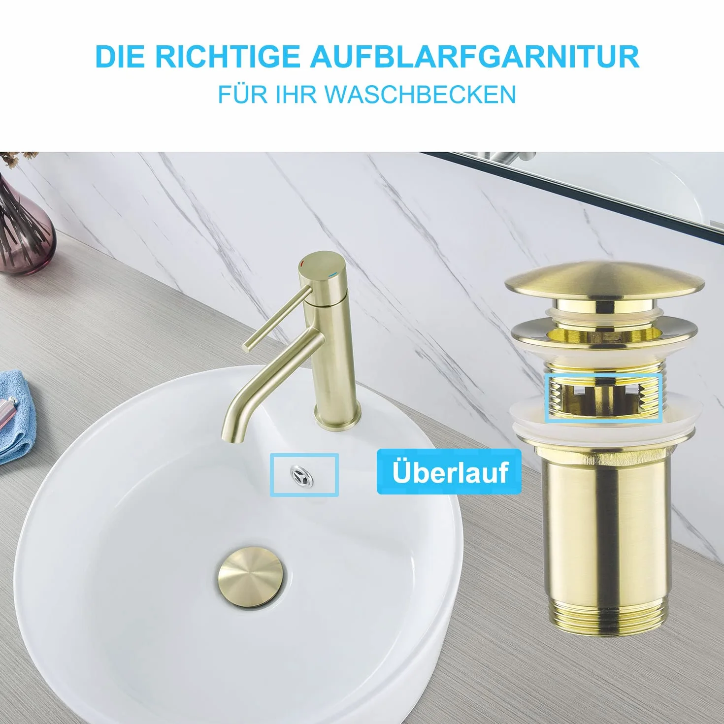 Kit Siphon Lavabo Or Brossé avec Bonde Trop-plein 1 1/4 Laiton Anti-Odeur Universel