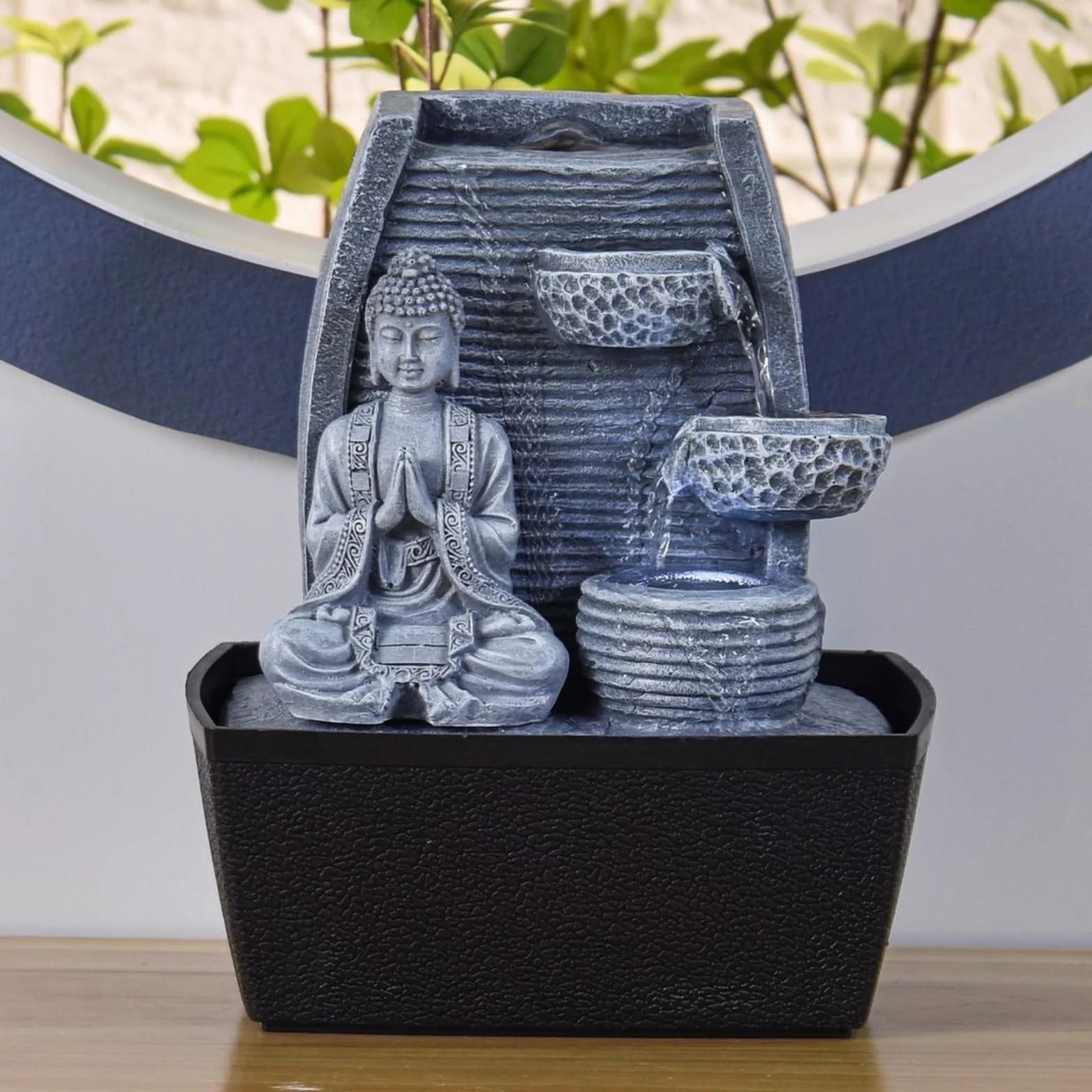 Fontaine d'Intérieur Mur d'Eau Cascade Statue Bouddha Amovible Lumière LED Blanc Circuit fermé H 26cm Décoration Zen Sagesse Zen'Light