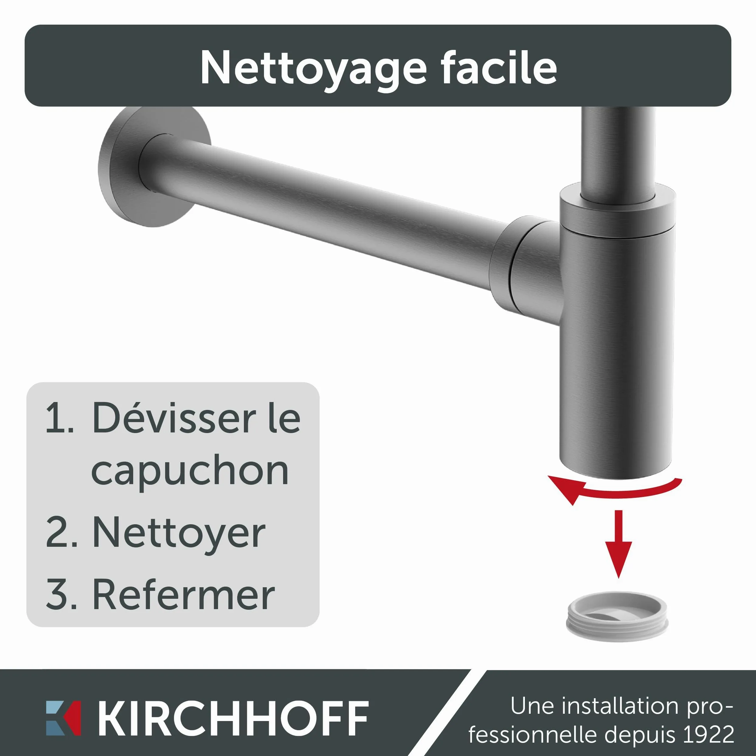 Kirchhoff Bonde de Lavabo Universelle Graphite Mat, Siphon | Laiton massif enduit, raccord 11⁄4", kit avec rosace murale, joint bonde et bouchon lavabo universel, ouverture de nettoyage