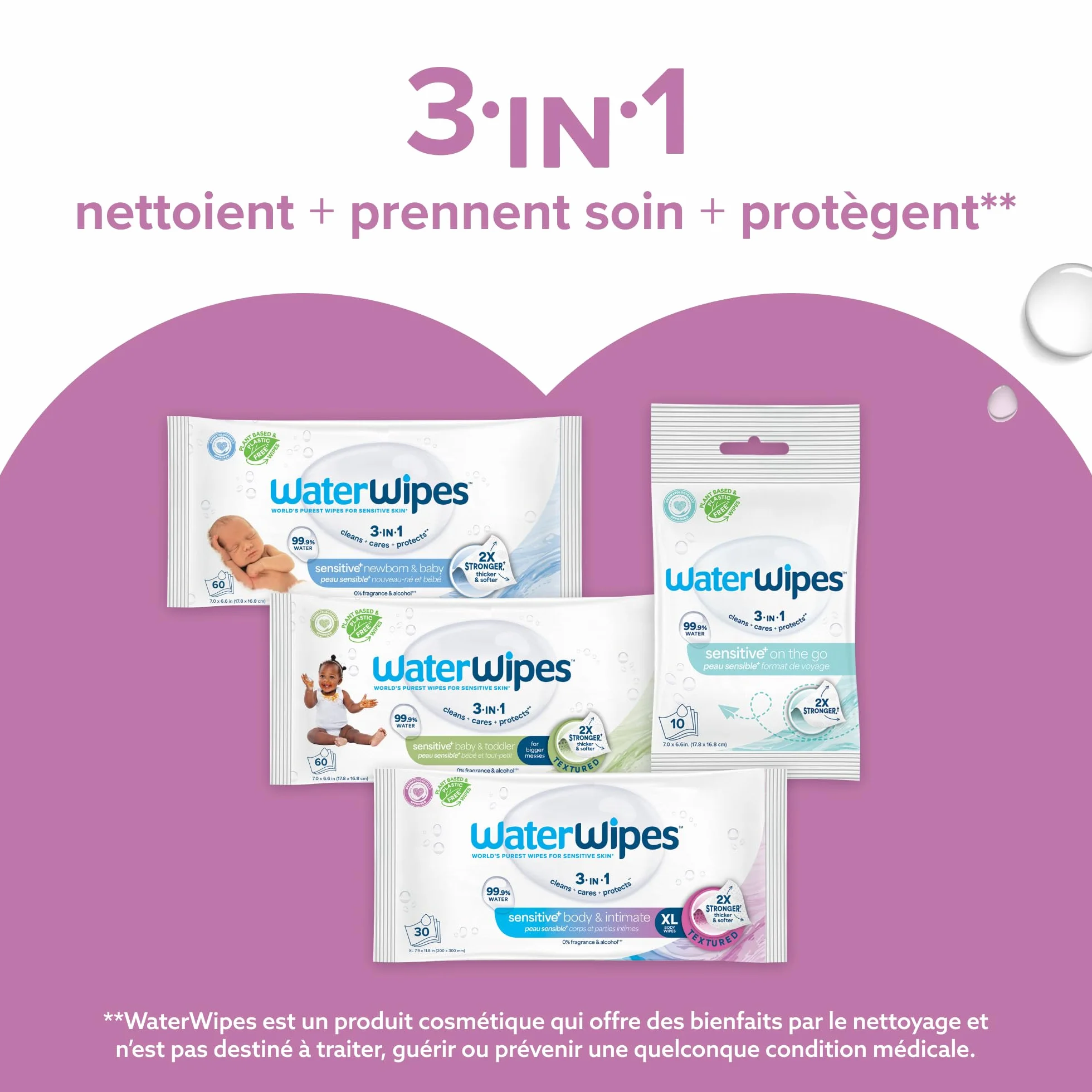 WaterWipes Sensitive+ Lingettes Corporelles et Intimes, 90 Lingettes (3 Paquets), 3-en-1 Nettoie Soigne Protège, 99,9% d'Eau, Non Parfumées, Adult Care