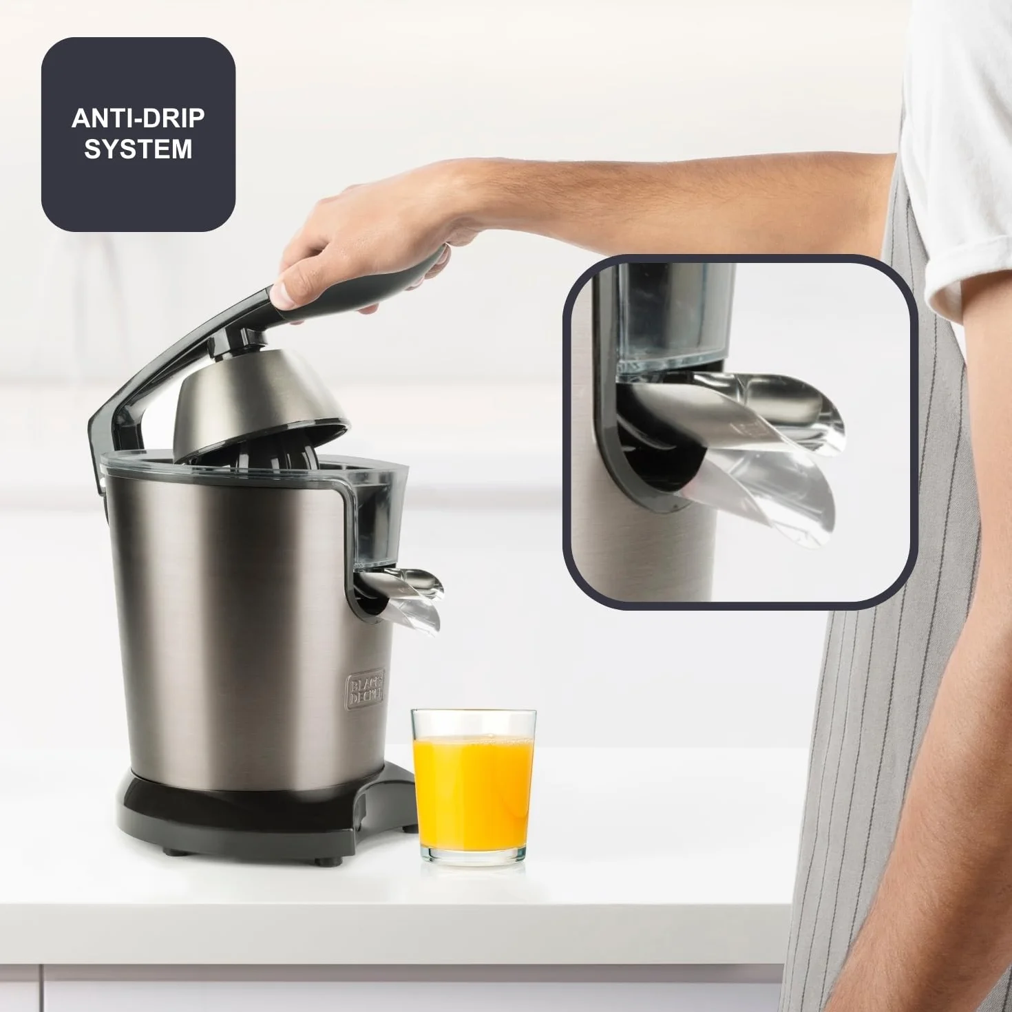 BLACK+DECKER Presse-Agrumes à Levier 350W Moteur AC Pro Corps Inox Réservoir 0,65L Anti-Goutte