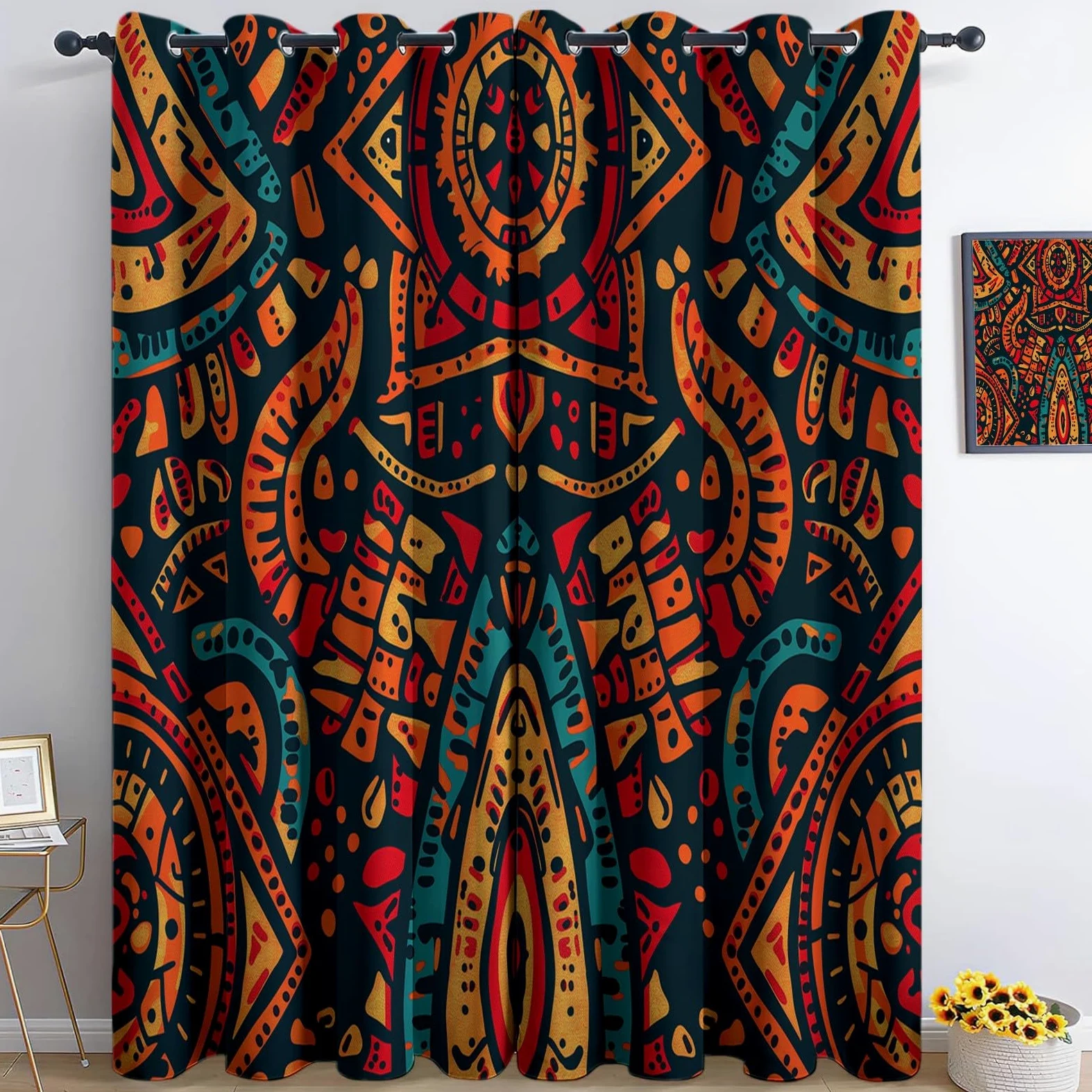 Lot De 2 Rideau Occultant Style Ethnique Graffiti Art Africain, Rideaux Opaques Isolants Thermiques À Oeillets, Draperies Intérieurs Salon pour Chambre Enfant, L140 x H160 cm