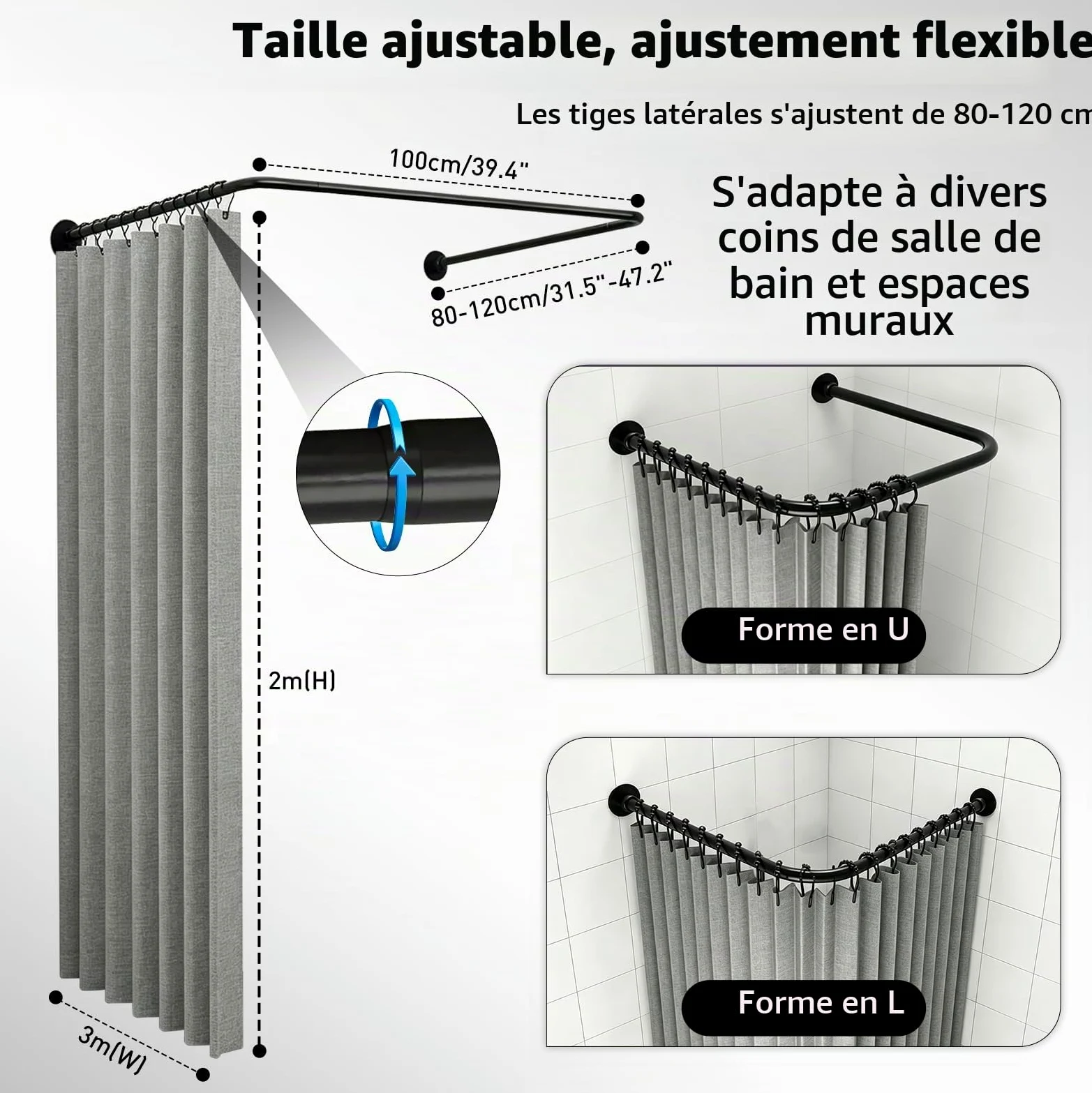Tringle Douche en U Sans Perçage, Barre Extensible avec Kit Rideau Douche | Kit Complet avec Rideau Douche Imperméable, Anneaux et Colle Sans Clou pour Douche d'angle, Petites Salles de Bain, Vestiaire