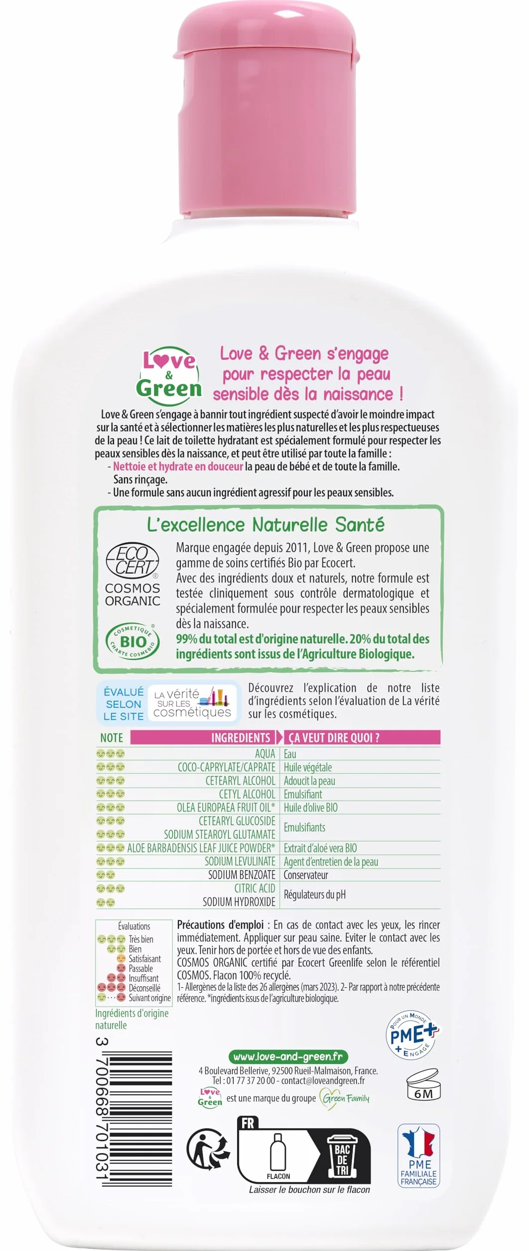 Love & Green Lait de Toilette Hydratant Bio 500 ml Fabriqué en France
