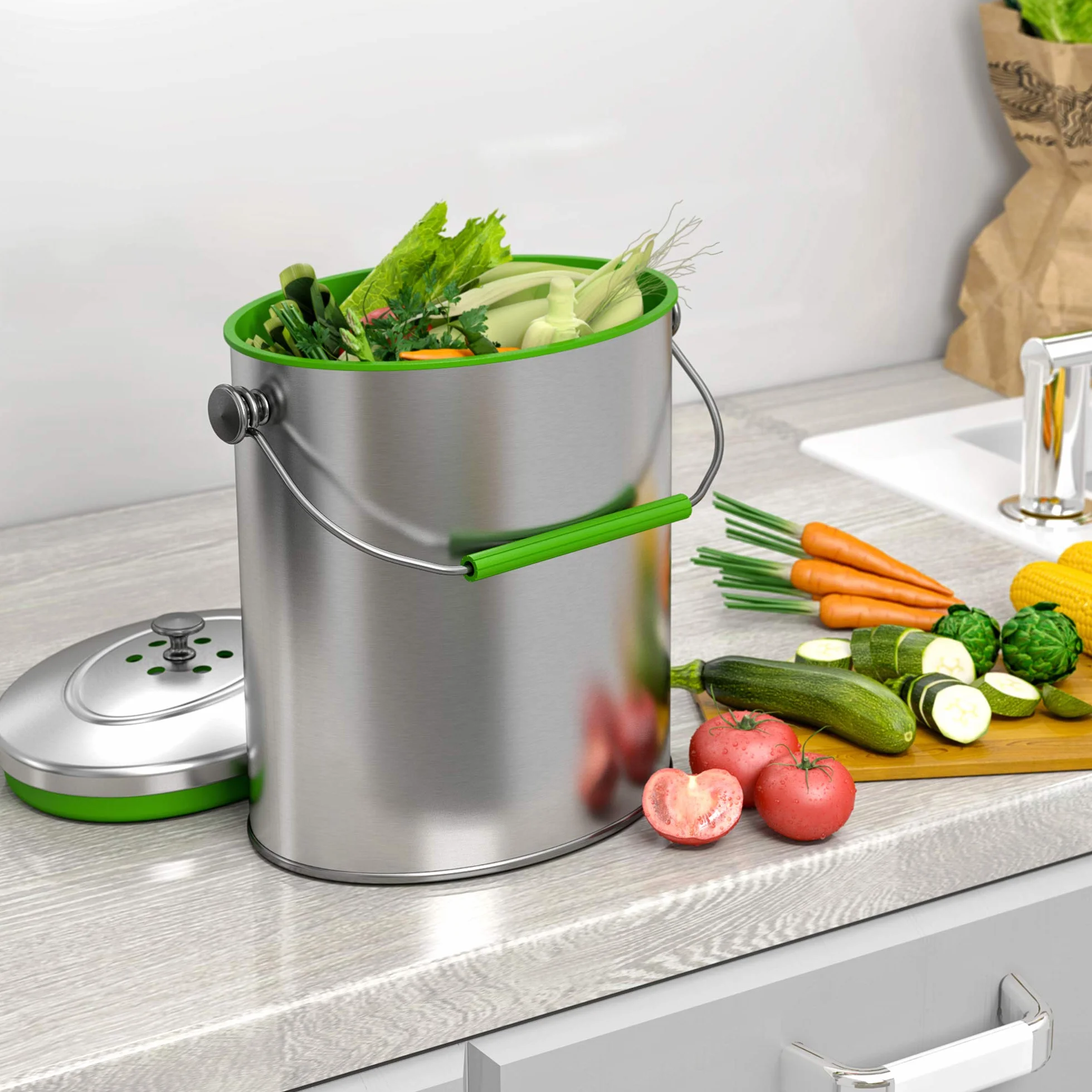 iTouchless poubelle à compost en acier inoxydable 1.6 gallon avec système de filtre à odeurs AbsorbX, poubelle de comptoir de cuisine de 6 litres de forme ovale mince et antirouille en titane