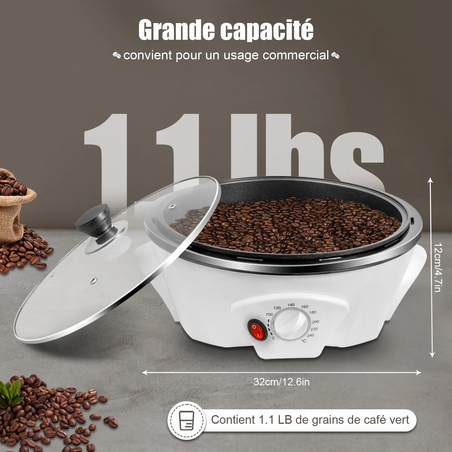 Torréfacteur de Café 1200W avec Température Réglable pour Torréfier les Grains de Café (Blanc)