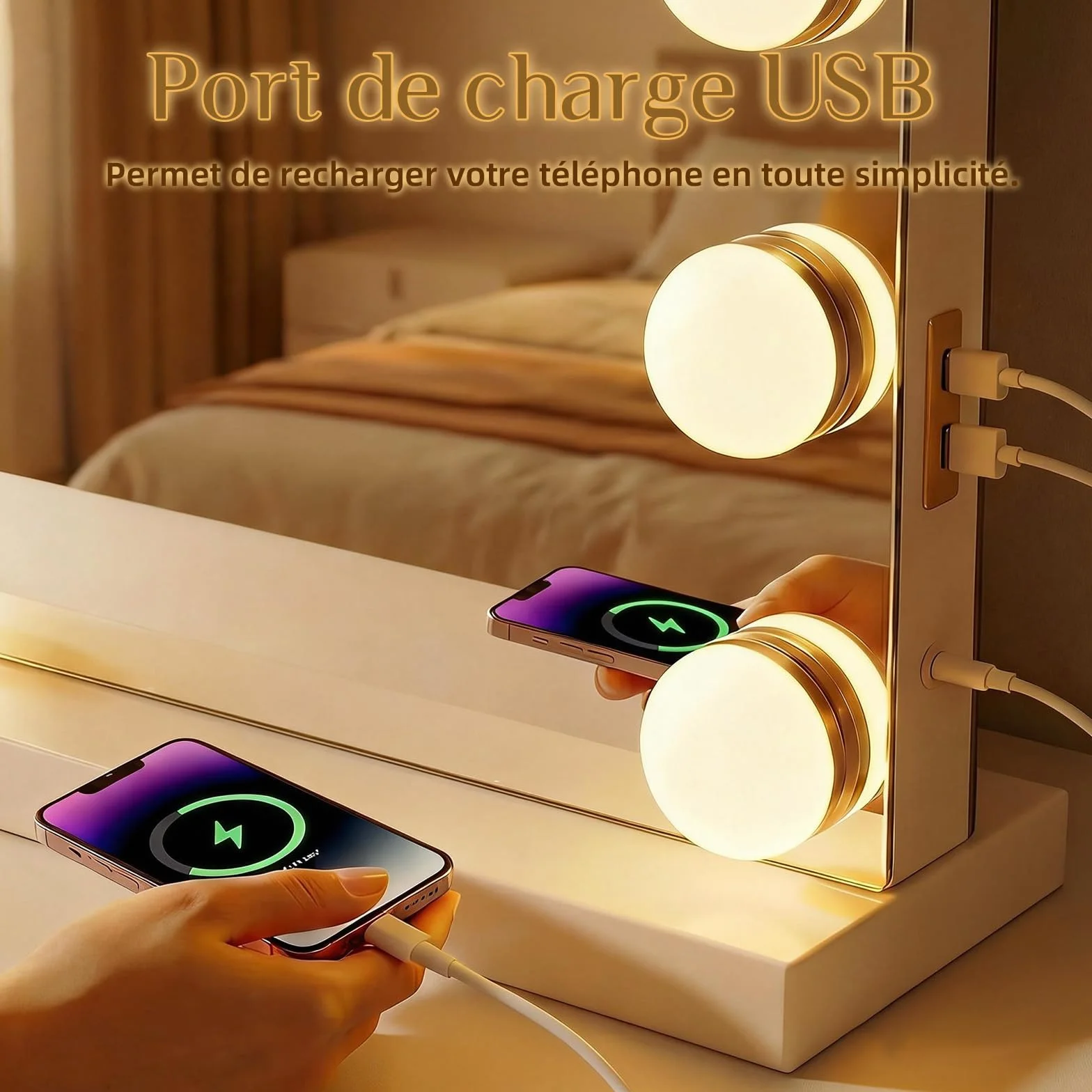 Miroir Coiffeuse de Maquillage 58×46 cm LED 15 Lampes Super HD Grossissement ×10 3 Couleurs Intensité Réglable USB
