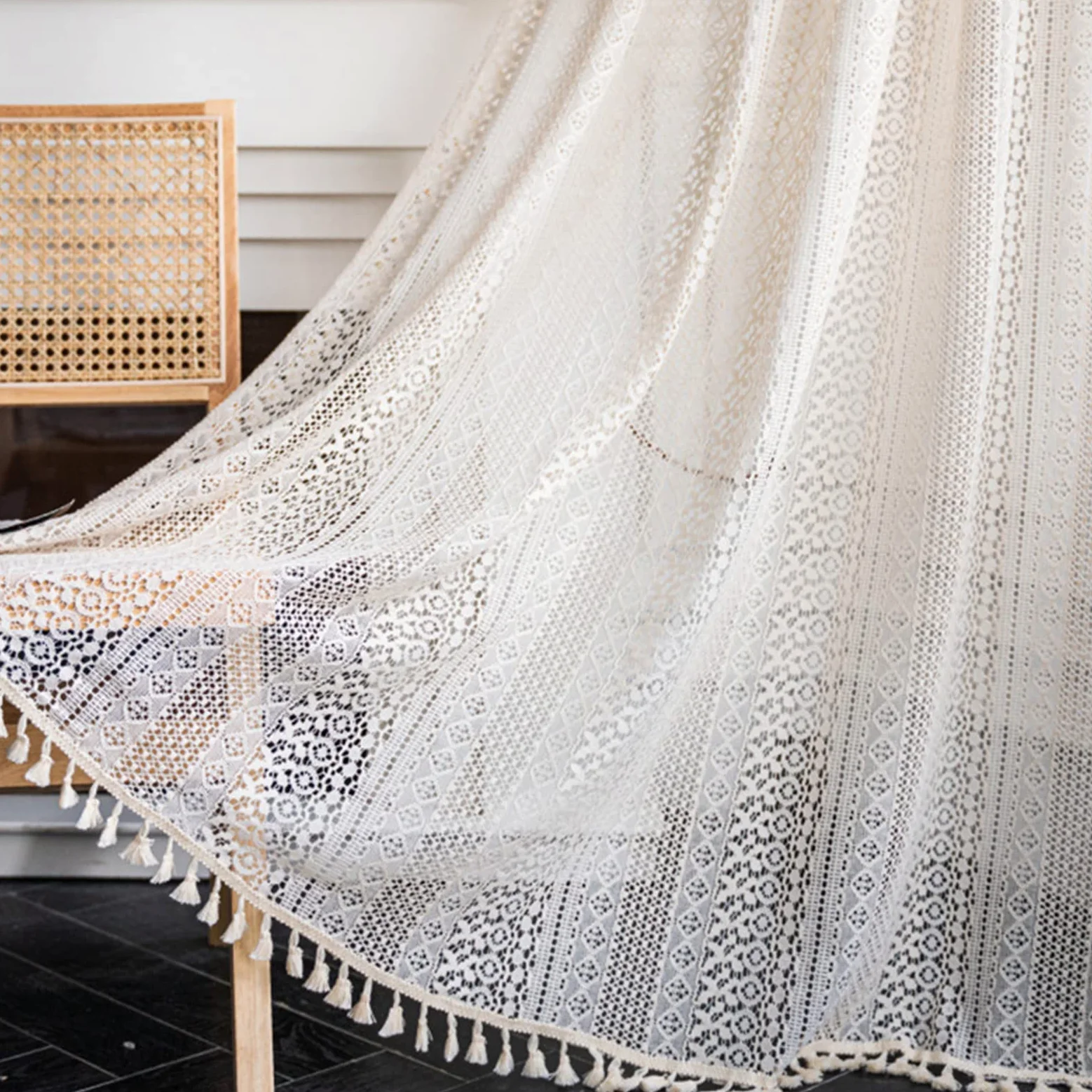 Tospass Vintage Style Rideau Boho Bohème Rideaux Beige Semi-Transparent avec Gland 2 pièce Rideaux Extérieur Coton pour Salon Chambre Rideaux Moderne 150x160 cm