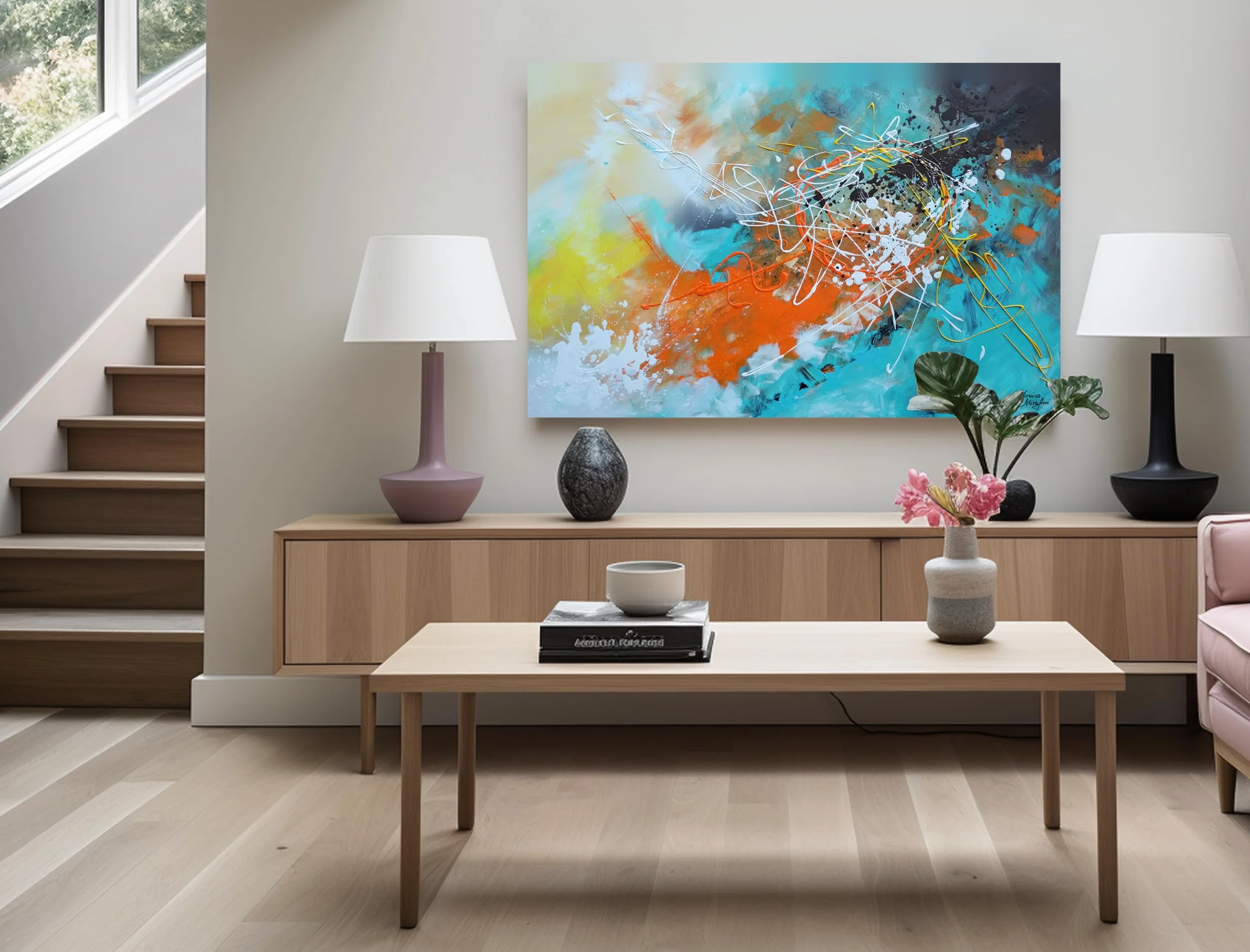 Tableau Peint à la Main 90x60 cm Toile sur Cadre en Bois