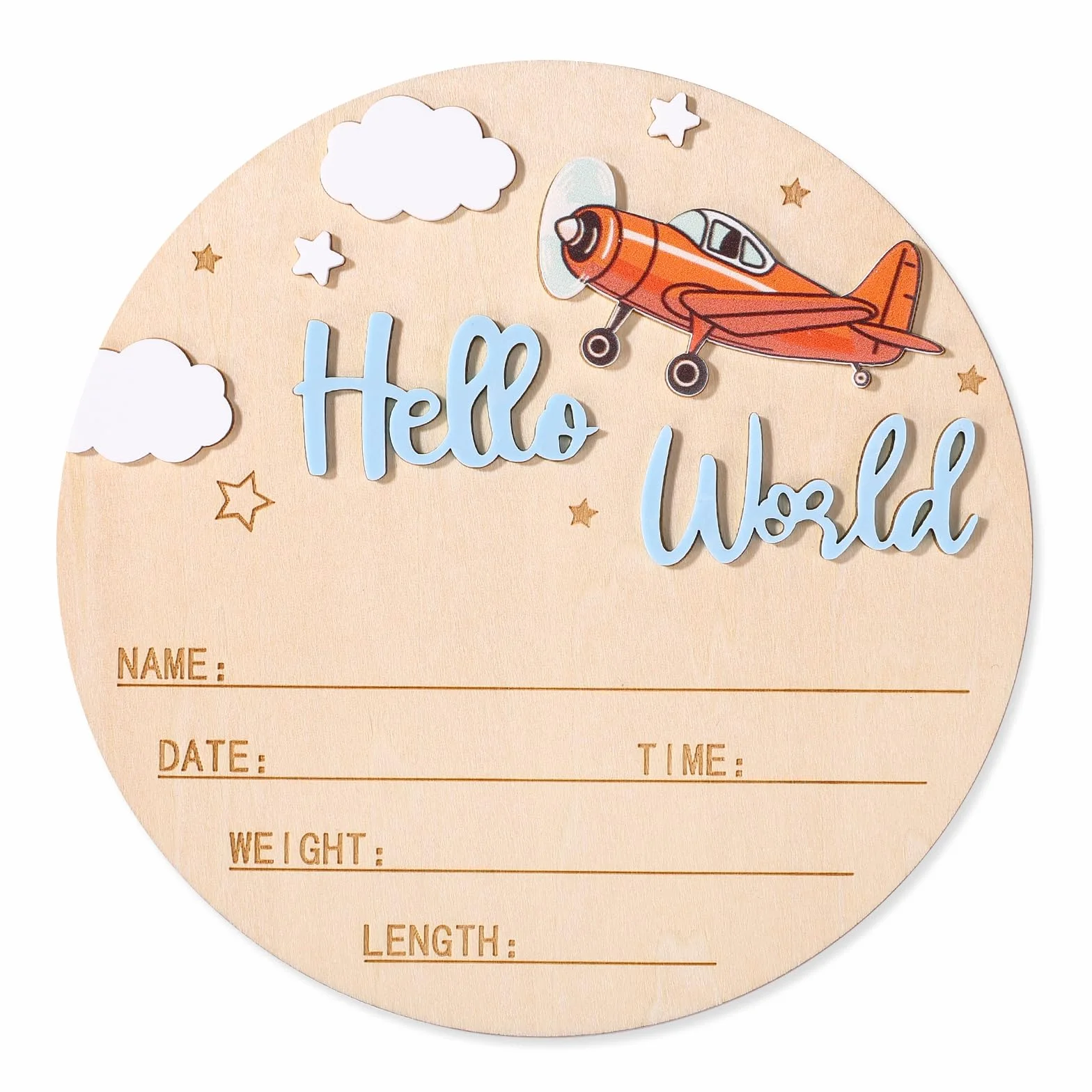 Panneau d'Annonce de Naissance en Bois 15 cm Bonjour le Monde Plaque Bienvenue Nouveau-Né avec Prénom Bébé Bleu