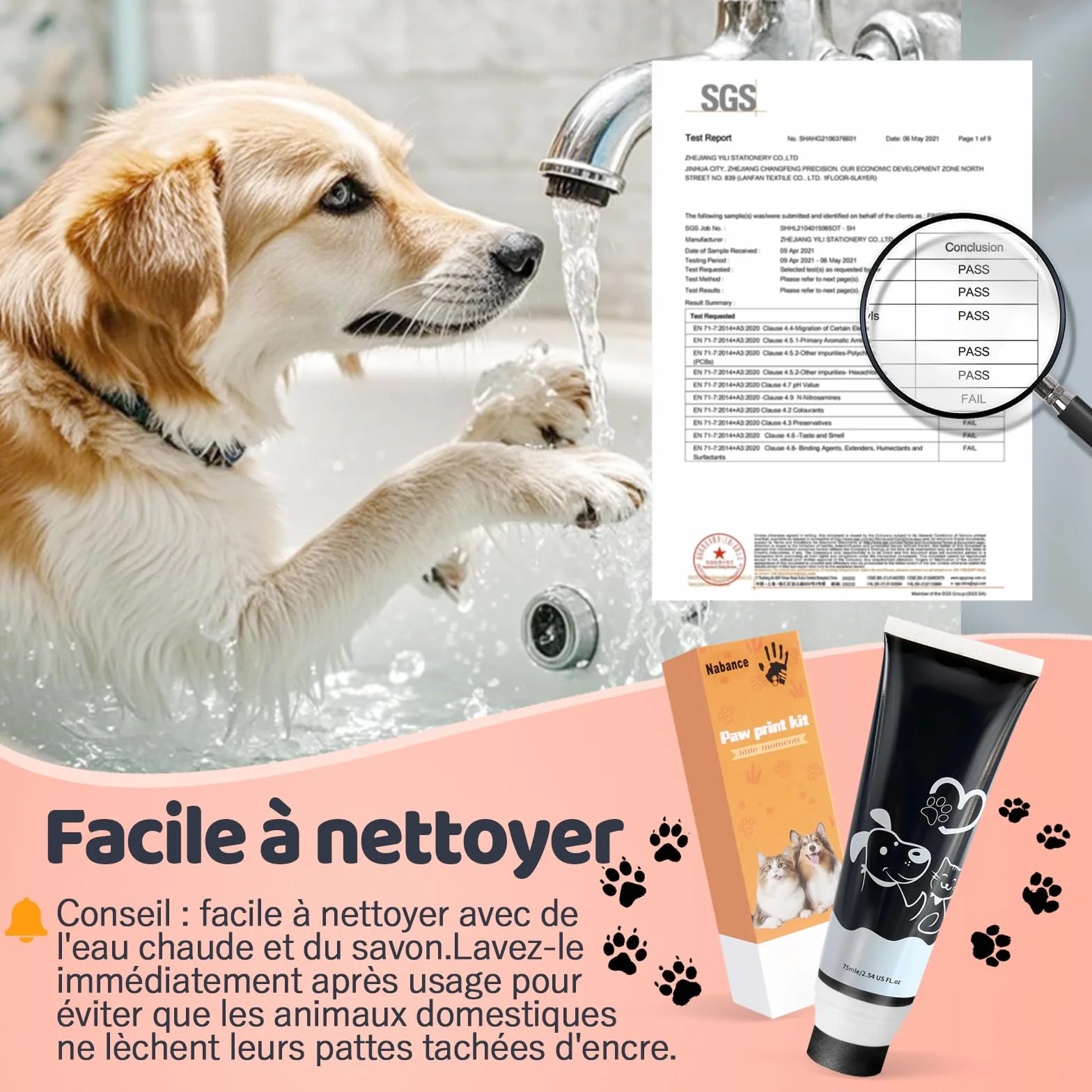 Nabance Kit Empreinte Chien Chat Bebe Tête Éponge Noir 75ml Non Toxique Lavable