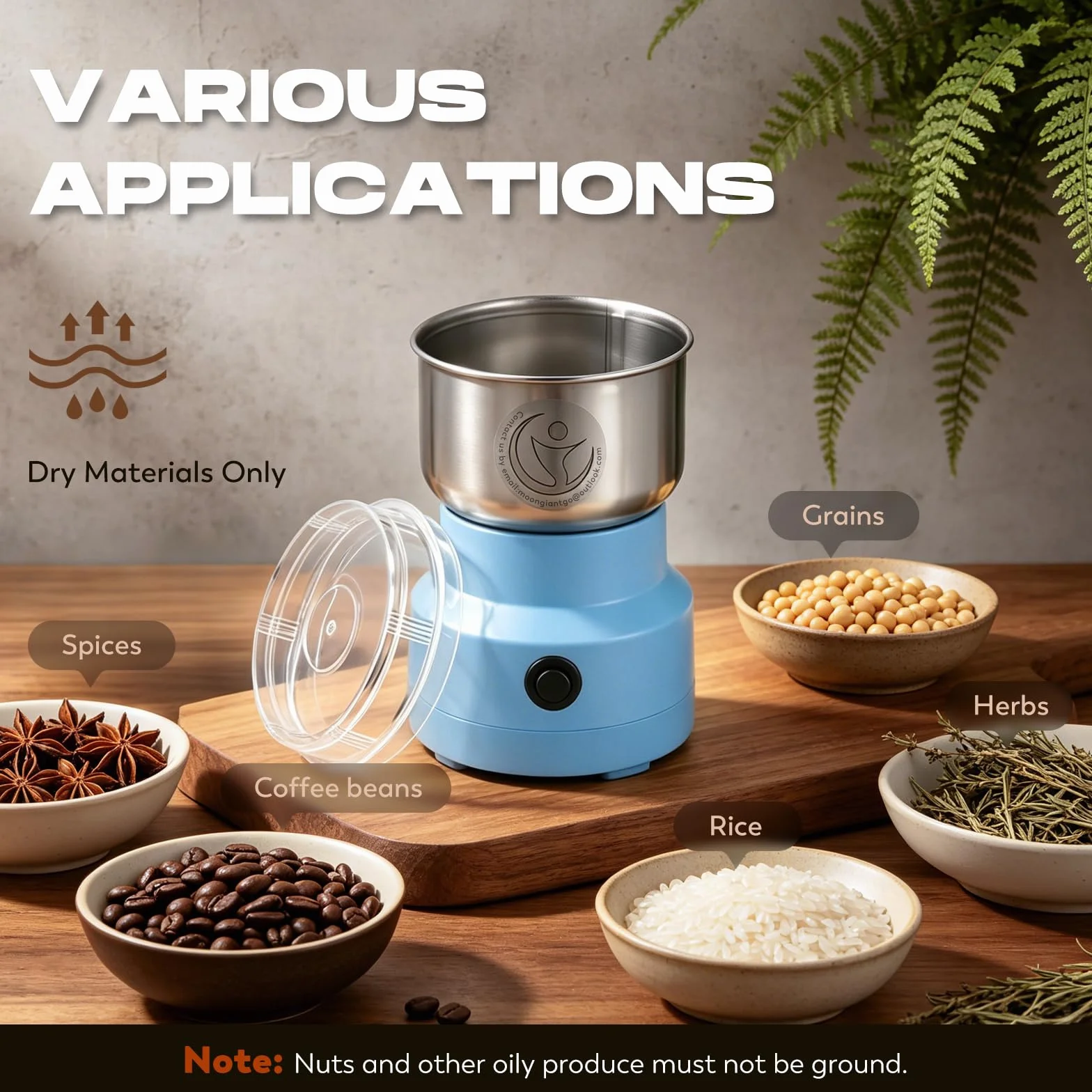 Moongiantgo Moulin à Céréales Multifonctionnel 150W 14500rpm, Moulin à Café Ultra-Fin 300ml, Acier Inoxydable, Broyeur Électrique Portable (Bleu)